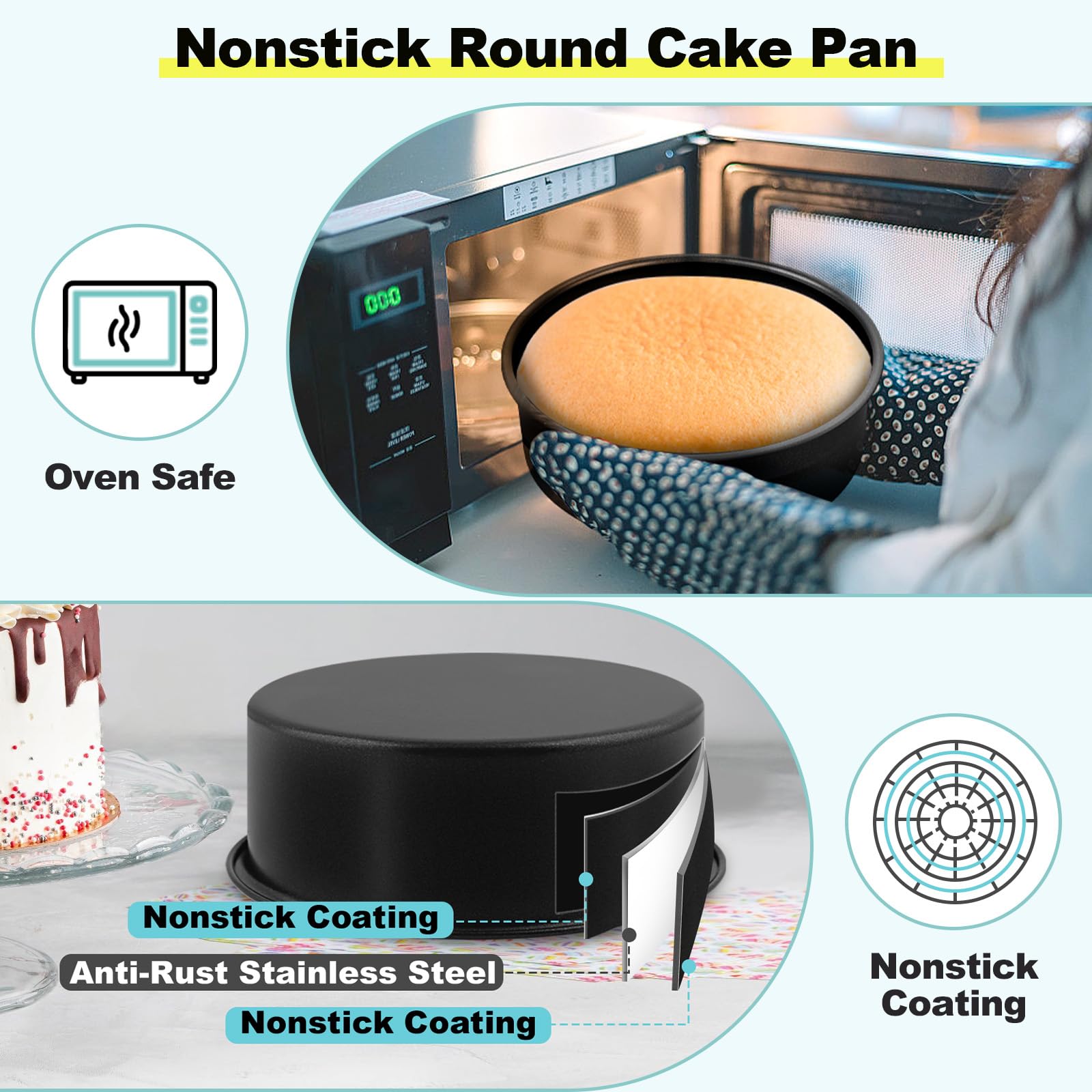 LIANYU 6 Inch Cake Baking Pans Set of 4, Stainless Steel Round Cake Bake Pan Non Stick, Fit in Pot Pressure Cooker Air Fryer, Healthy & Toxic Free, Leak-proof & Dishwasher Safe, Black