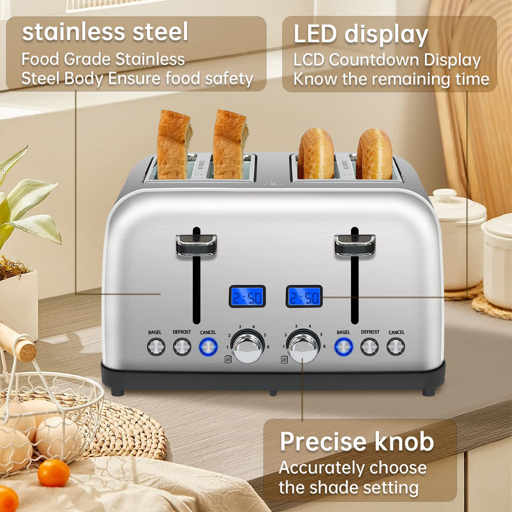SEEDEEM Toaster 4 Slice, LCD Display, 6 Shade Settings, 1.5'' Wide Slots, Digital Stainless Toaster for Bagel, Defrost, Reheat, Dual Control, Removable Crumb Tray, 1500W, Silver Metallic