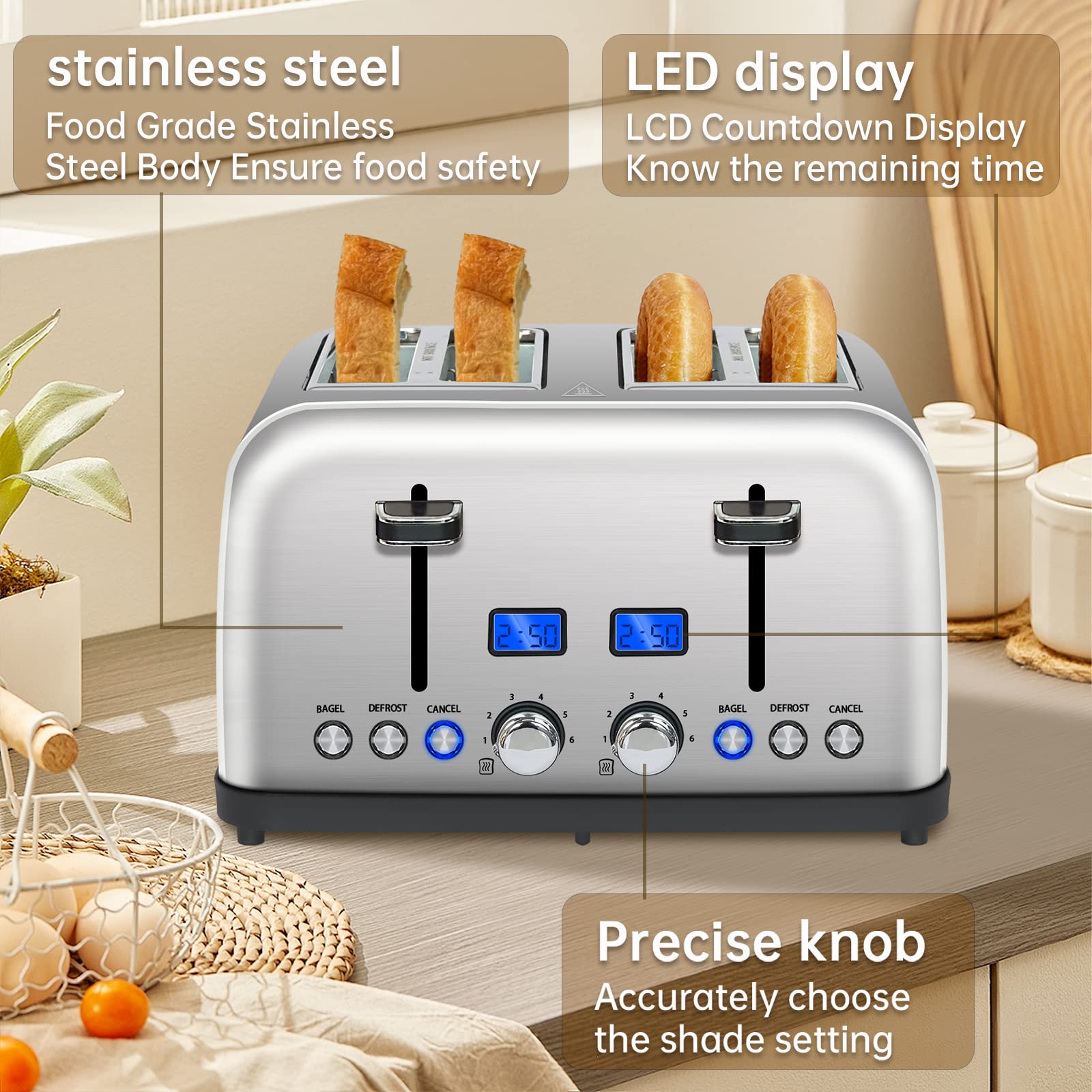 SEEDEEM Toaster 4 Slice, LCD Display, 6 Shade Settings, 1.5'' Wide Slots, Digital Stainless Toaster for Bagel, Defrost, Reheat, Dual Control, Removable Crumb Tray, 1500W, Silver Metallic