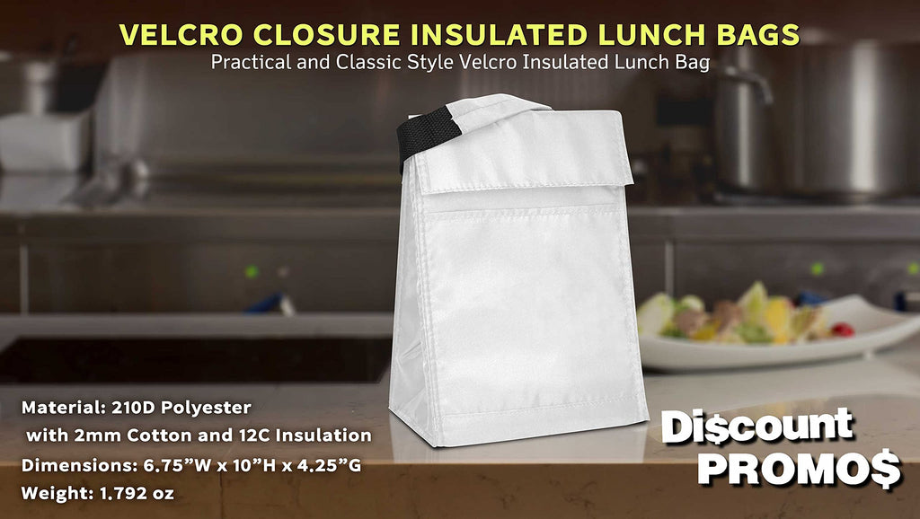 DISCOUNT PROMOS 10 Hook and Loop Insulated Lunch Bags Set - Polyester, Durable, Vibrant, Reusable - White