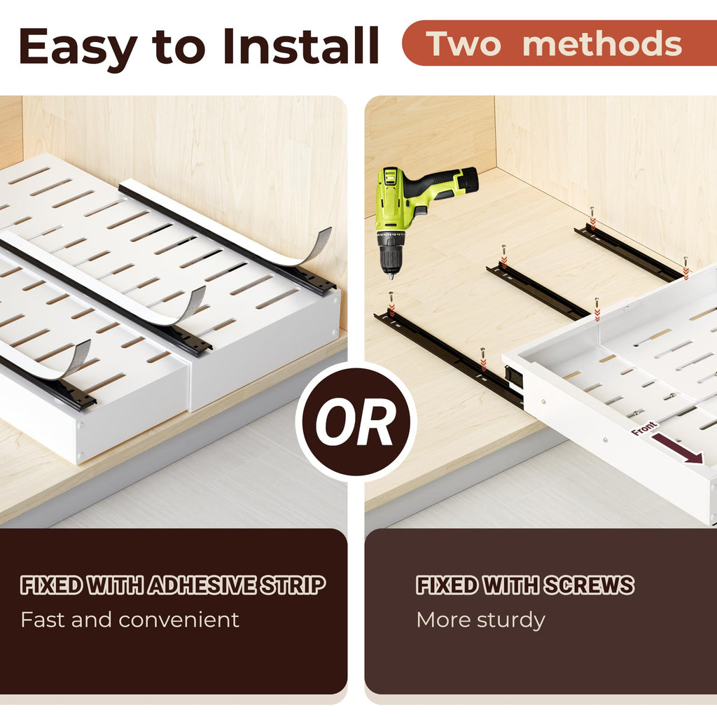 Makfoner 1 Pcs Pull Out Cabinet Organizers, Width (12"-19") and Depth (17"-23") Expandable With 3 Slides, No Drill Slide out Drawers Adhesive Film or Nail Cabinets Without Lip in Kitchen, Bathroom