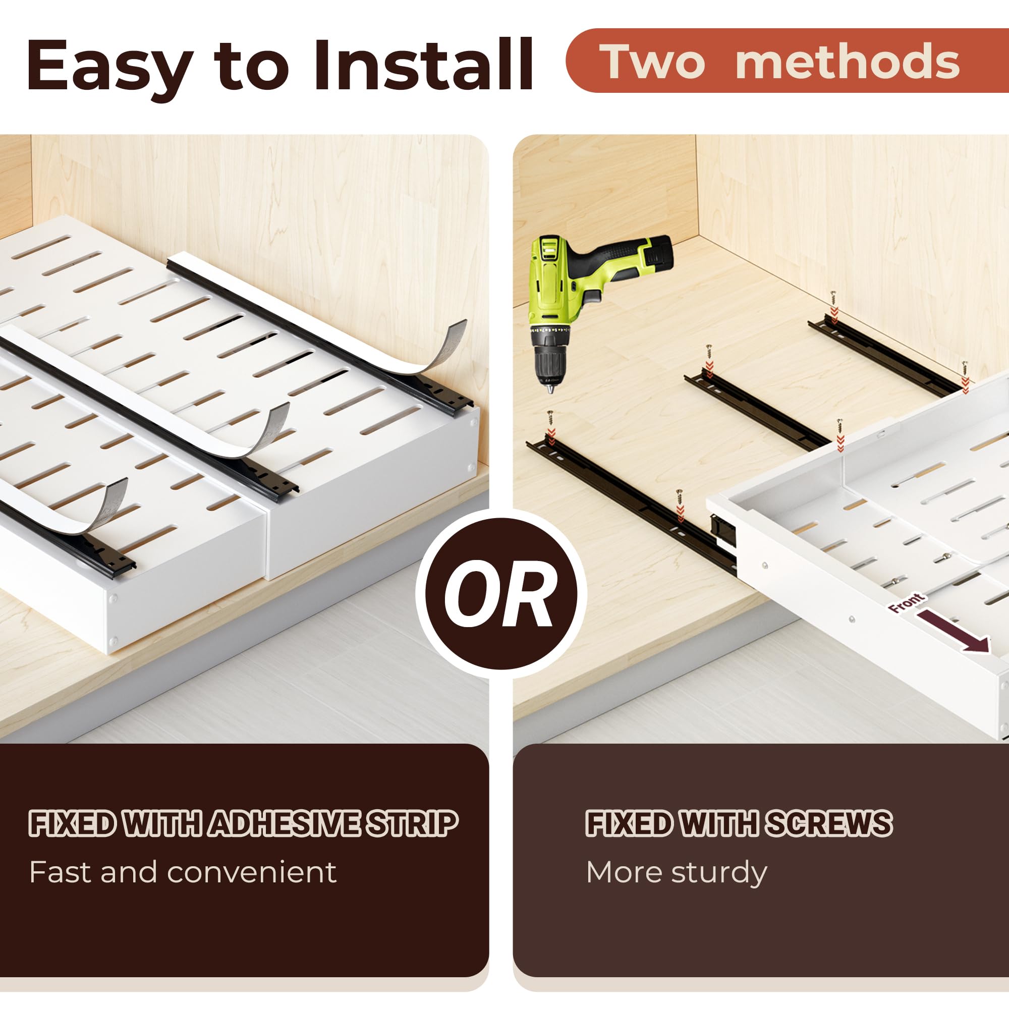 Makfoner 1 Pcs Pull Out Cabinet Organizers, Width (12"-19") and Depth (17"-23") Expandable With 3 Slides, No Drill Slide out Drawers Adhesive Film or Nail Cabinets Without Lip in Kitchen, Bathroom