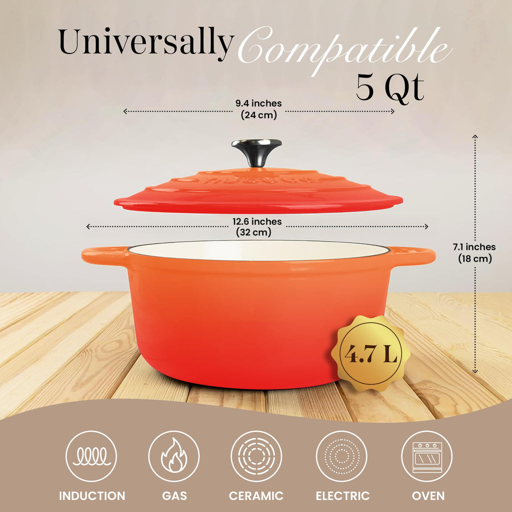 Cast Iron Pot with Lid-Non-Stick Ovenproof Enamelled Casserole Pot, Oven Safe up to 500° F-Sturdy Dutch Oven Cookware - Orange, 5-Quart, 24cm by- Nuovva