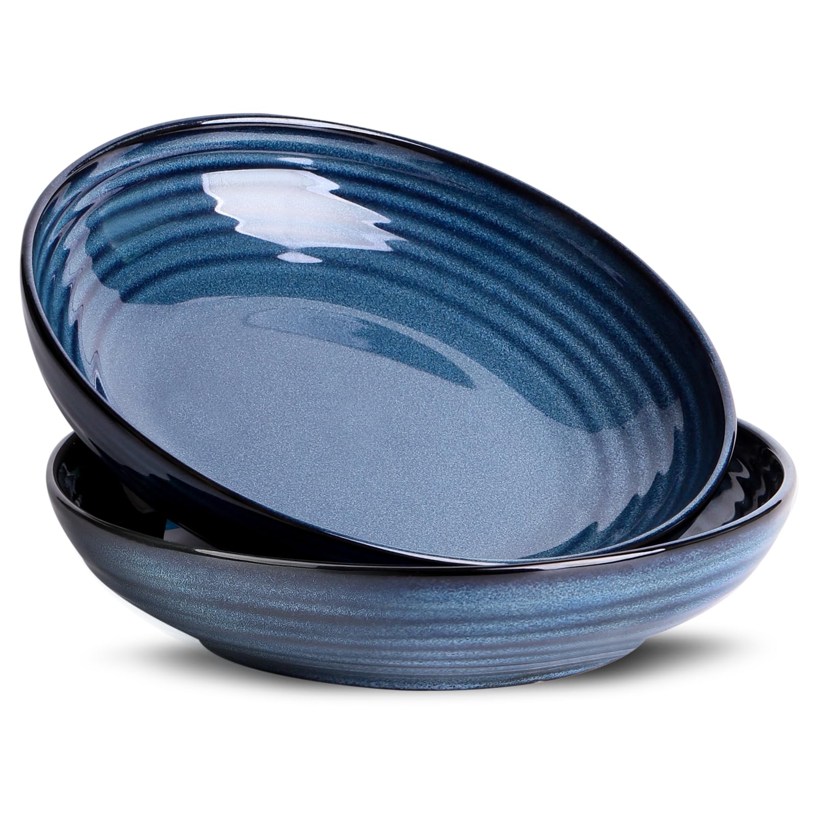 HASENSE Pasta Bowls Set of 2, 8.7 Inch Reactive Glazed Ceramic Salad Serving Bowls for Kitchen, 32 Ounce Shallow Bowls for Pasta Soup Salad Dinner, Microwave Dishwasher Safe, Navy Blue
