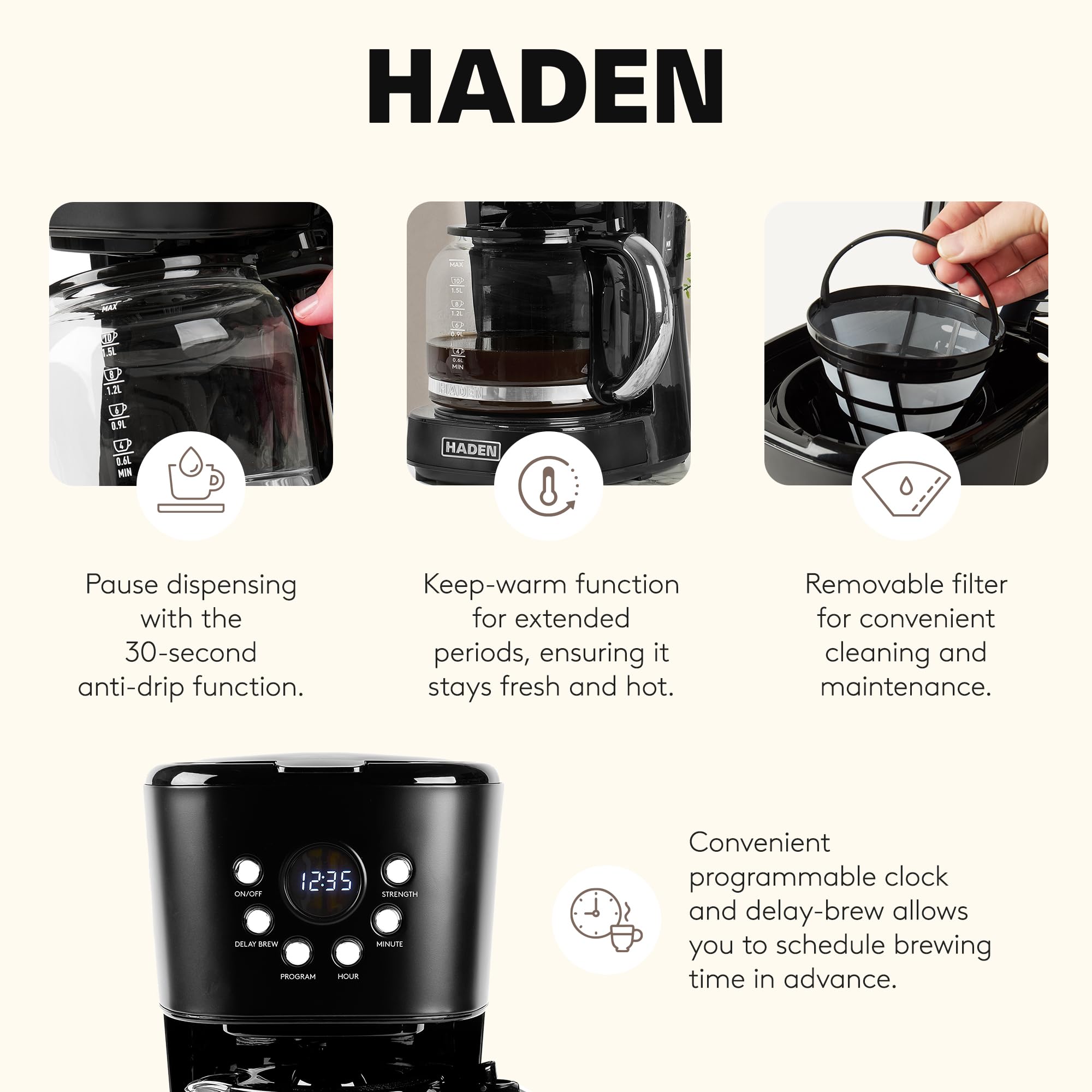HADEN Heritage 4 Slice Wide Slot Stainless Steel Toaster Bundled with 12 Cup Programmable Drip Coffee Maker Coffee Machine, Black & Chrome
