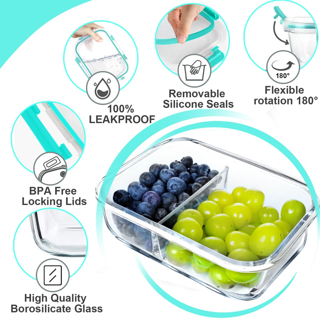 VERONES 10 PACK 30 OZ Glass Meal Prep Containers 2 Compartment Set, Green