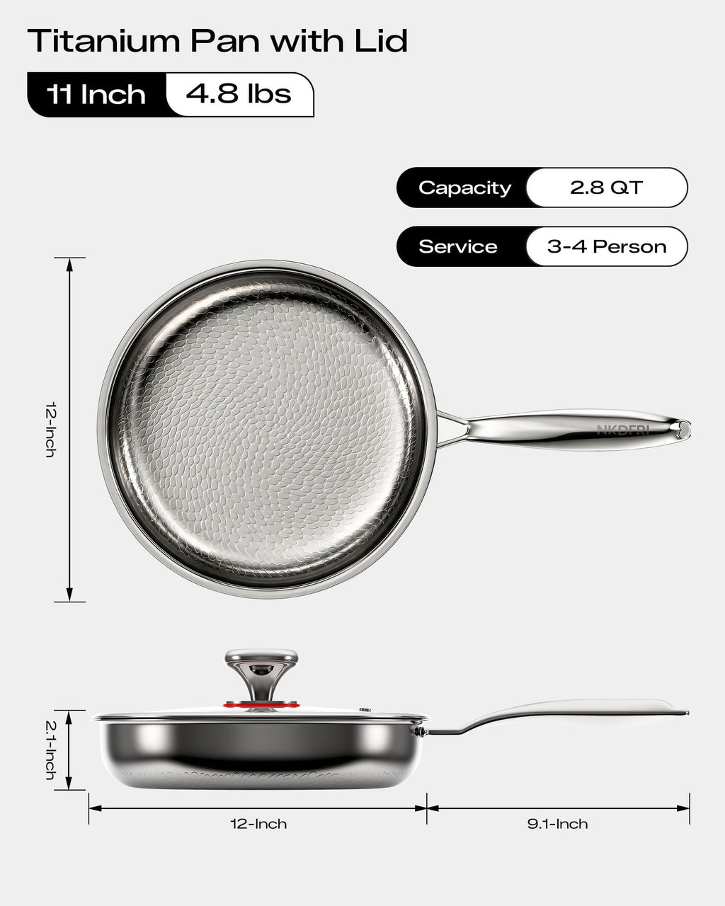 NKDFRI Titanium Pans for Cooking 11 Inch Hammered Pro Frying Pan with Lid,