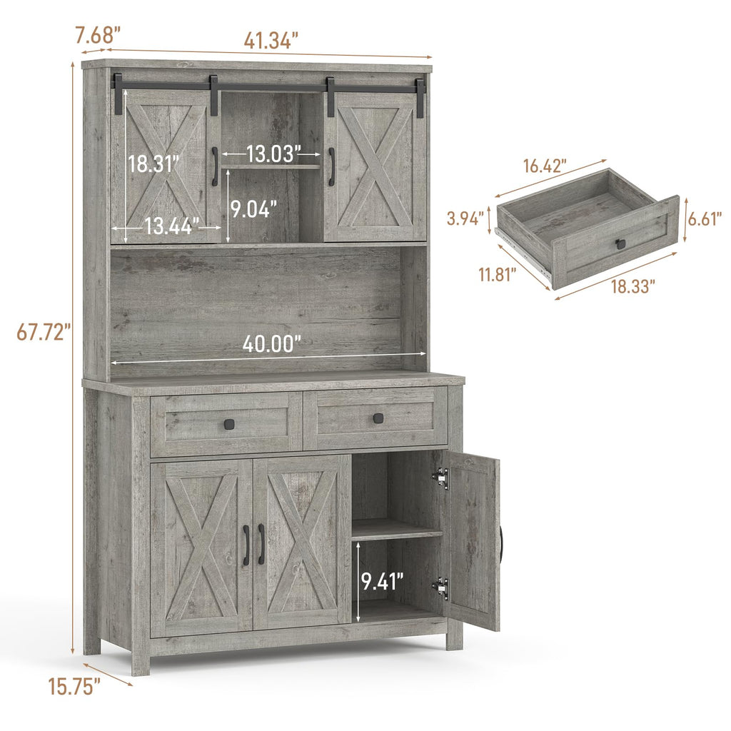 Befrases 67.7 Inch Farmhouse Pantry Storage Cabinet with Sliding Barn Doors, 2 Drawer Farmhouse Coffee Cabinet with Adjustable Shelf, Side Board with Buffet Cupboard Livingroom Kitchen, Grey