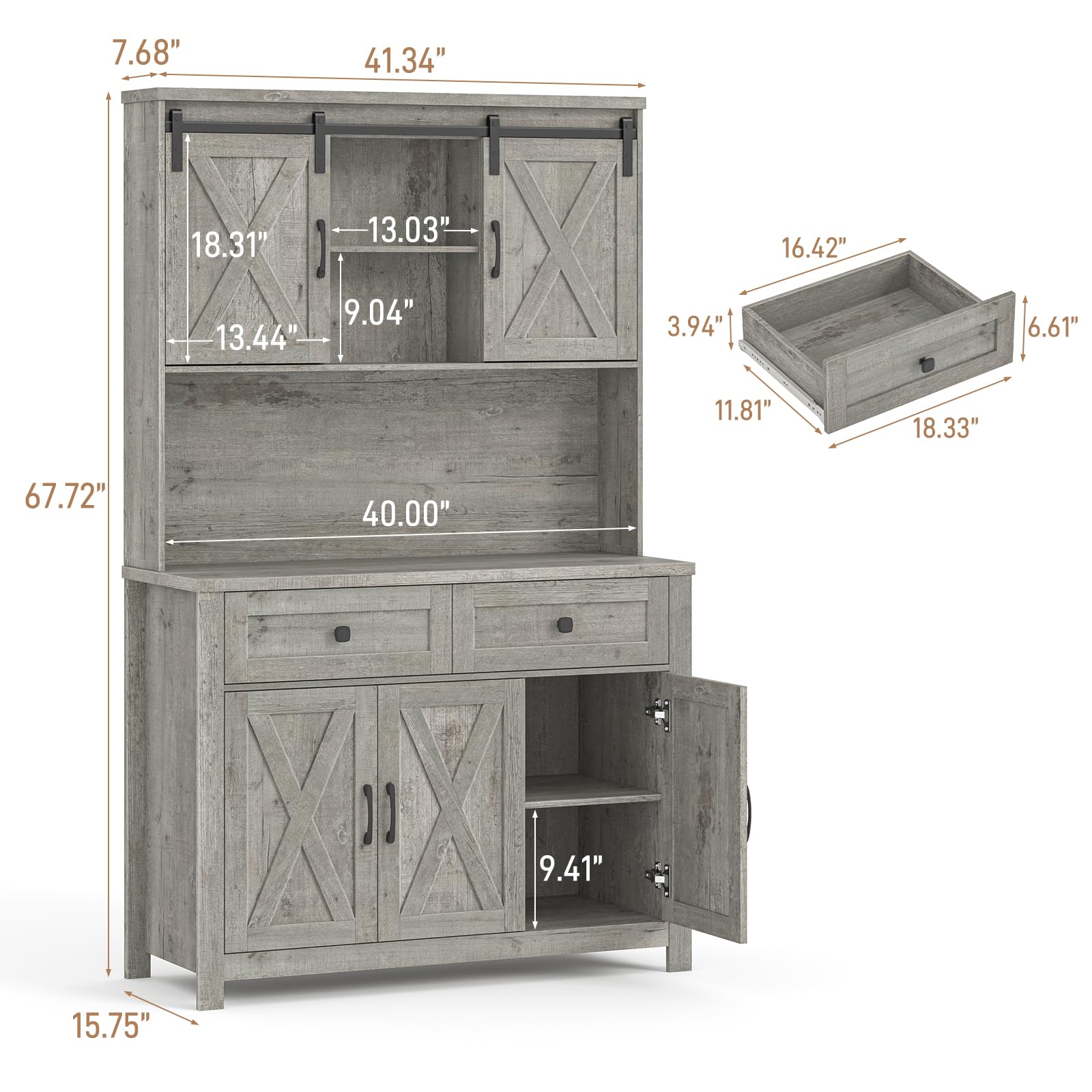 Befrases 67.7 Inch Farmhouse Pantry Storage Cabinet with Sliding Barn Doors, 2 Drawer Farmhouse Coffee Cabinet with Adjustable Shelf, Side Board with Buffet Cupboard Livingroom Kitchen, Grey