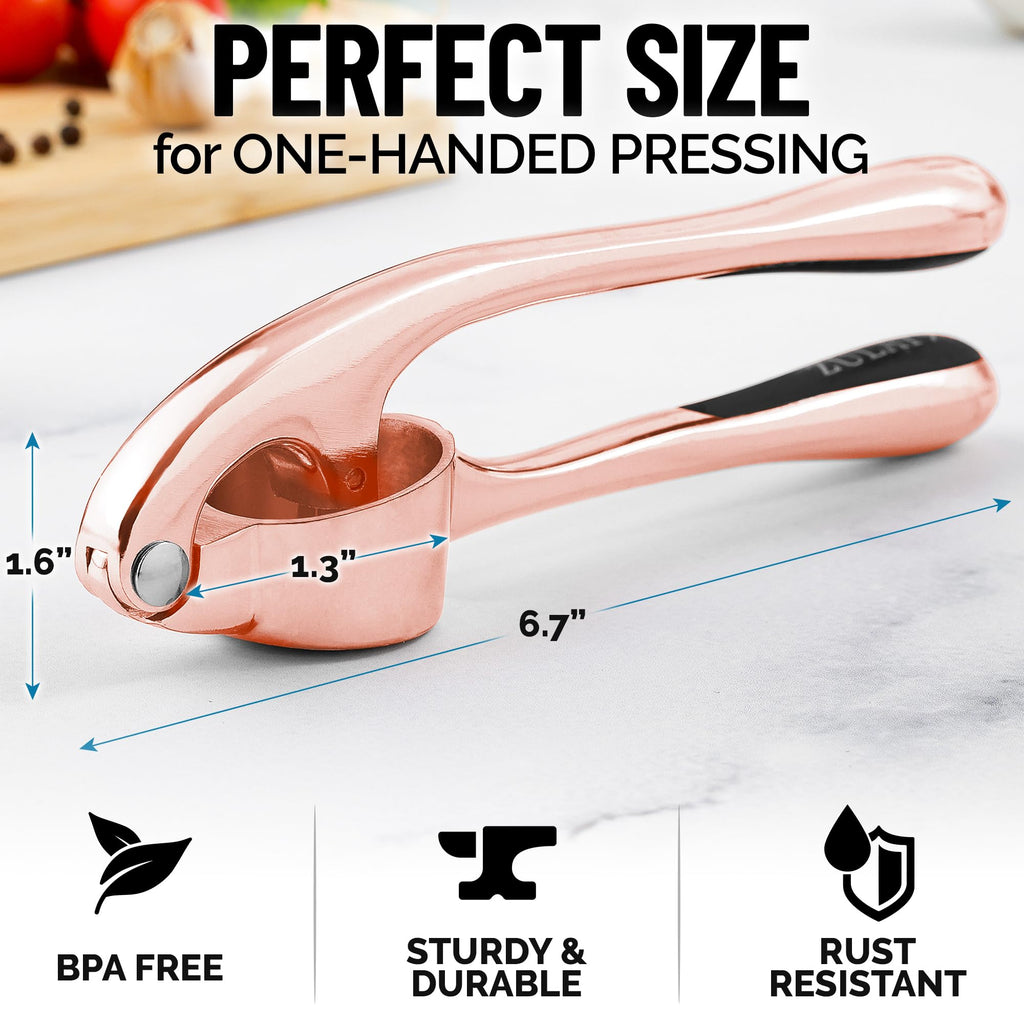 Zulay Kitchen Premium Garlic Press Set - Rust Proof Professional Garlic Mincer Tool - Easy-Squeeze, Easy-Clean with Soft Handle - Silicone Garlic Peeler & Brush (Rose Gold)