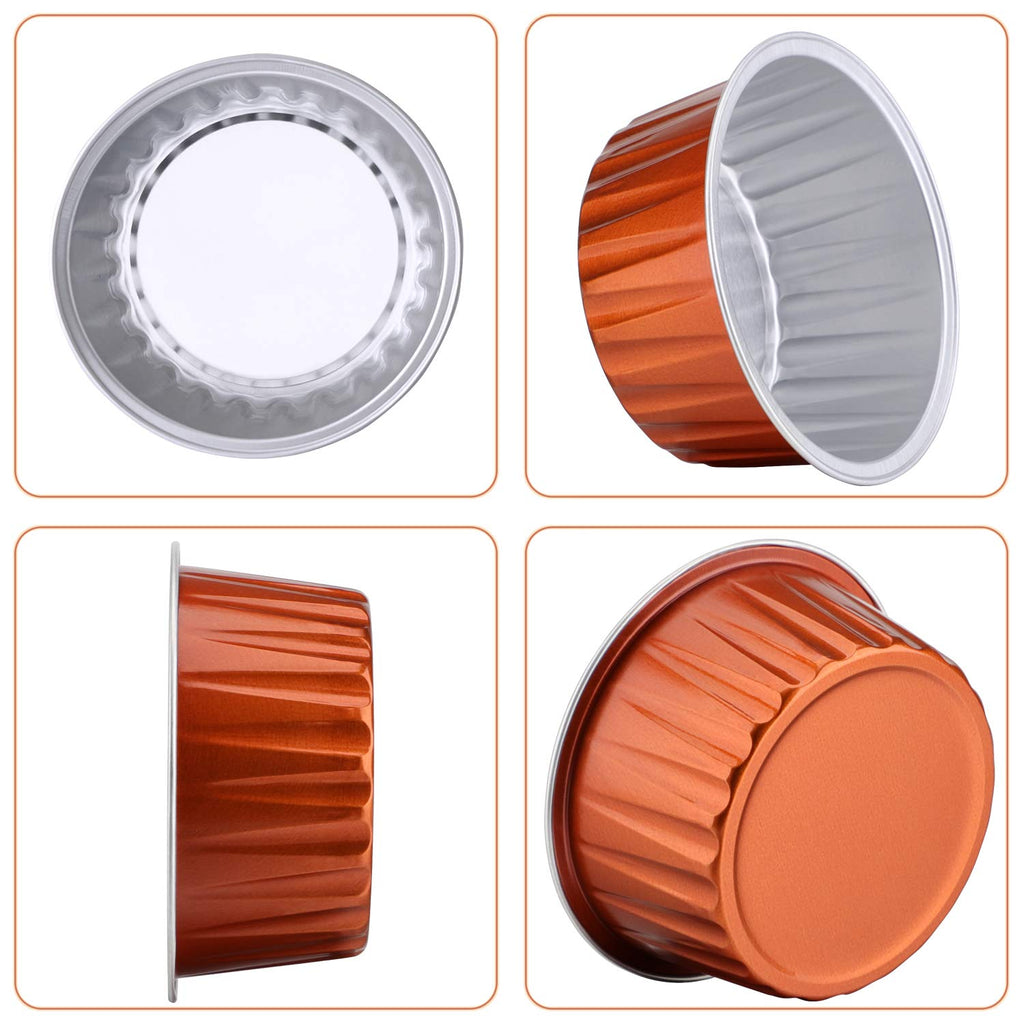 EUSOAR Aluminum Foil Cups, 5oz 50pcs muffin Baking Cups with Lids, 3.34"x2.59"x2.35" 125ml Snacks Desserts Flan, Cupcake Pie Ramekin, Recyclable Catering Party Favor Baking Cups-Caramel