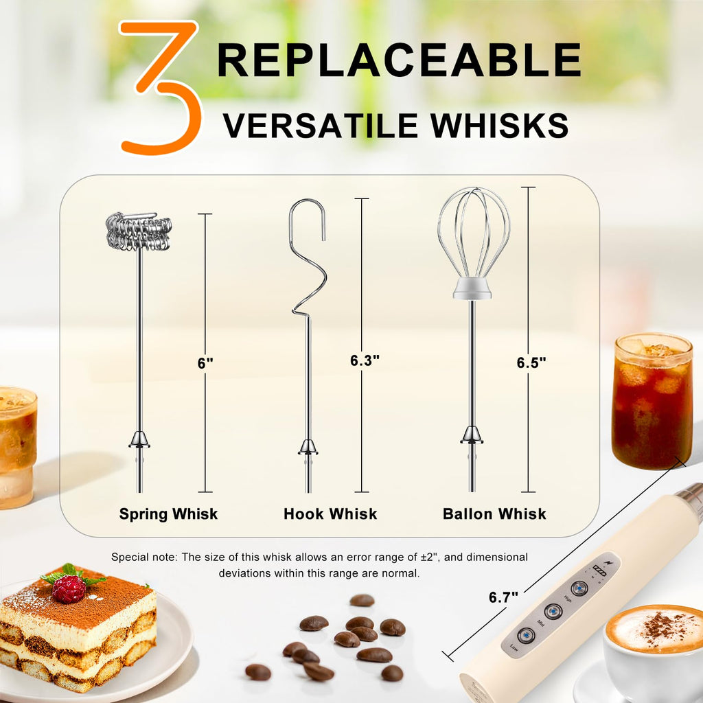 YUSWKO Handheld Milk Frother Wand for Coffee, Rechargeable Electric Whisk with 3 Heads 3 Speeds Drink Mixer Coffee Frother For Latte, Cappuccino, Hot Chocolate, Egg, Beige