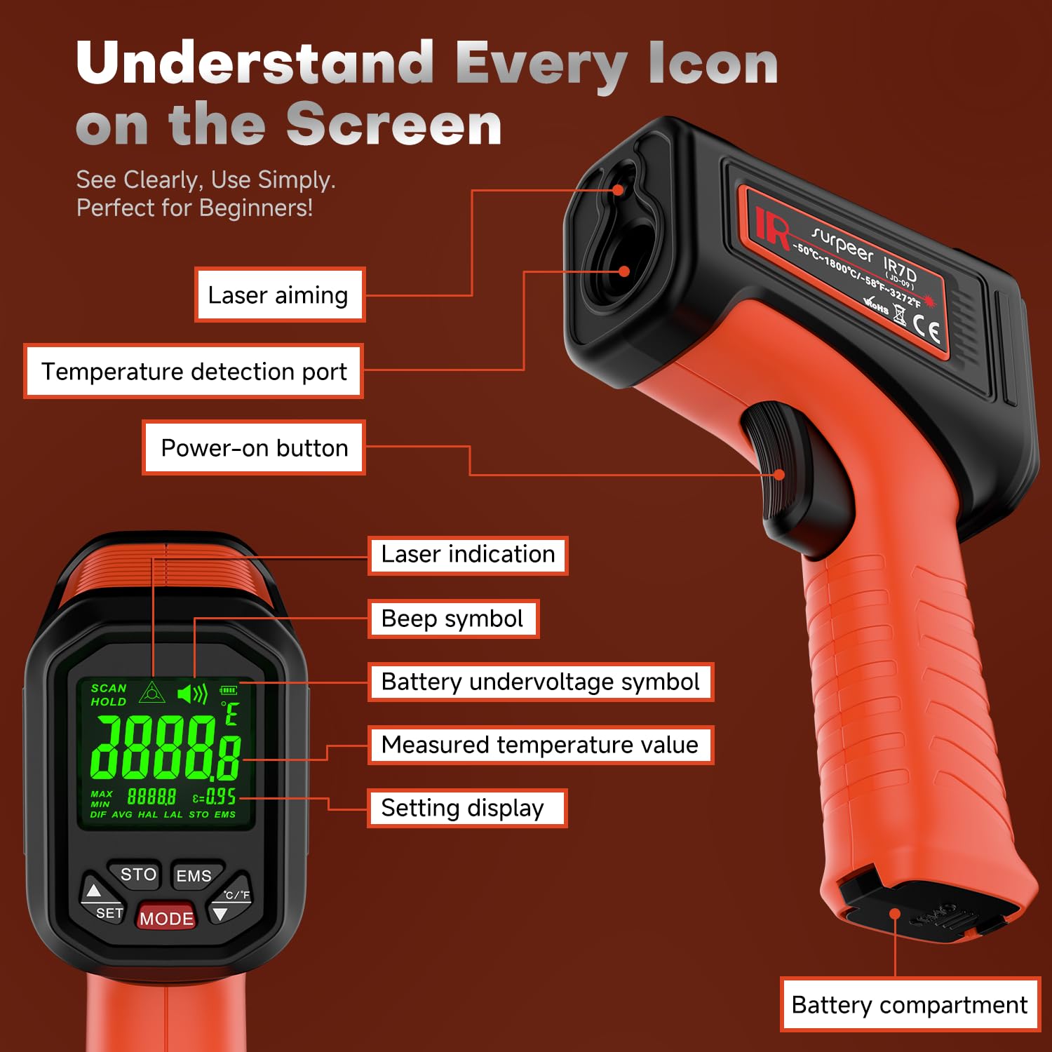 Surpeer Infrared Thermometer Temperature Gun, 3272°F, 50:1