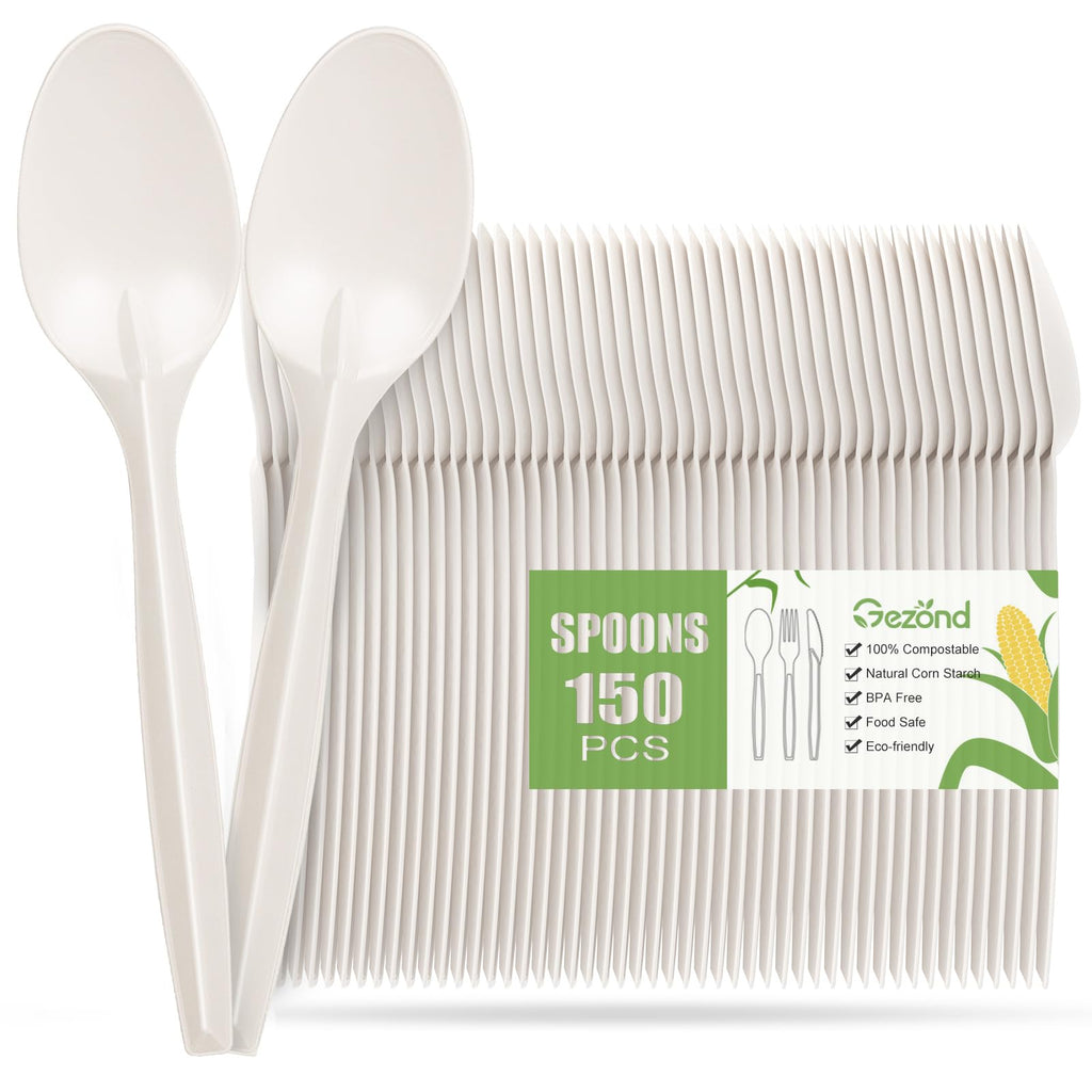 Gezond Compostable Spoons 150 Pack 6.7 Inch Disposable Spoons Heavy-duty