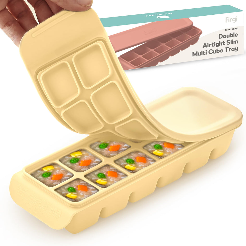Firgi 0.7 oz/12 Sections Silicone Ice Cube Freezer Tray with Lid, 100% Food-Grade Platinum Silicone,Leak Resistance & Dishwasher Safe for Baby Food Prep,Breast Milk,Purees - Korean Made, Beige