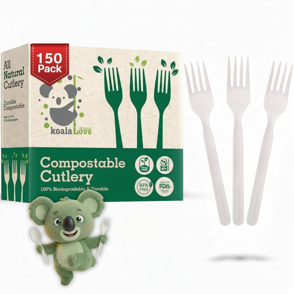 100% Compostable Forks 150 Large biodegradable Disposable Compostable Cutlery Silverware Utensils durable and heat resistant alternative to plastic forks with convenient tray by KOALALOVE