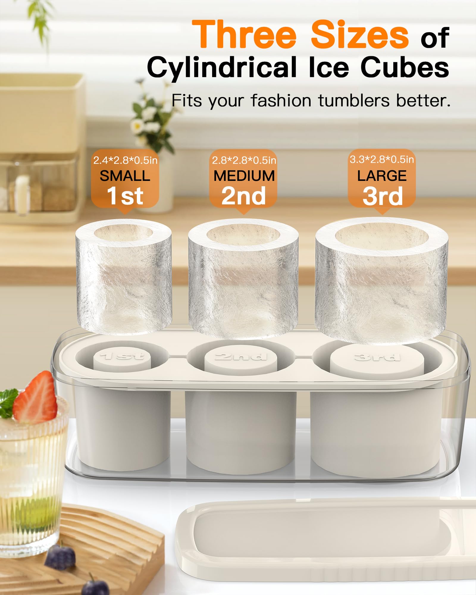 3 Pcs Silicone Ice Cube Tray for 30-40 Oz Tumblers with Lid and Storage Bin