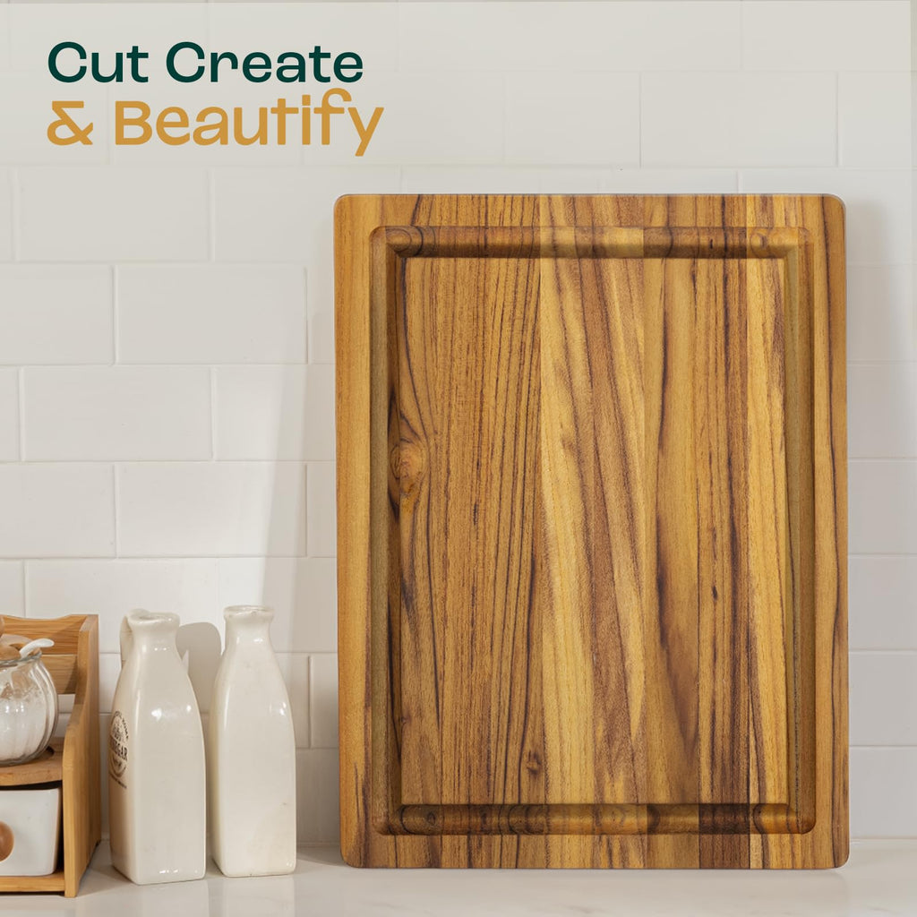 Yes4All Solid Teak Cutting Boards for Kitchen, [17''L x 13''W x 1.5” Thick] Medium Edge Grain Butcher Block Cutting Board, Wood Cutting Boards with Juice Grooves and Easy Grip Handle