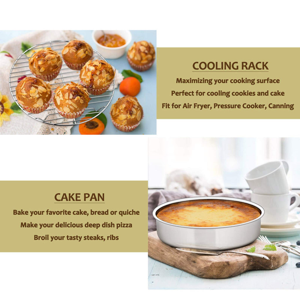 E-far 9½-inch Cake Pan with Rack Set, Stainless Steel Round Cake Pans and Baking Cooling Racks, Non Toxic & Healthy, Mirror Polished & Dishwasher Safe - 4 Pieces (2 Pans + 2 Racks)