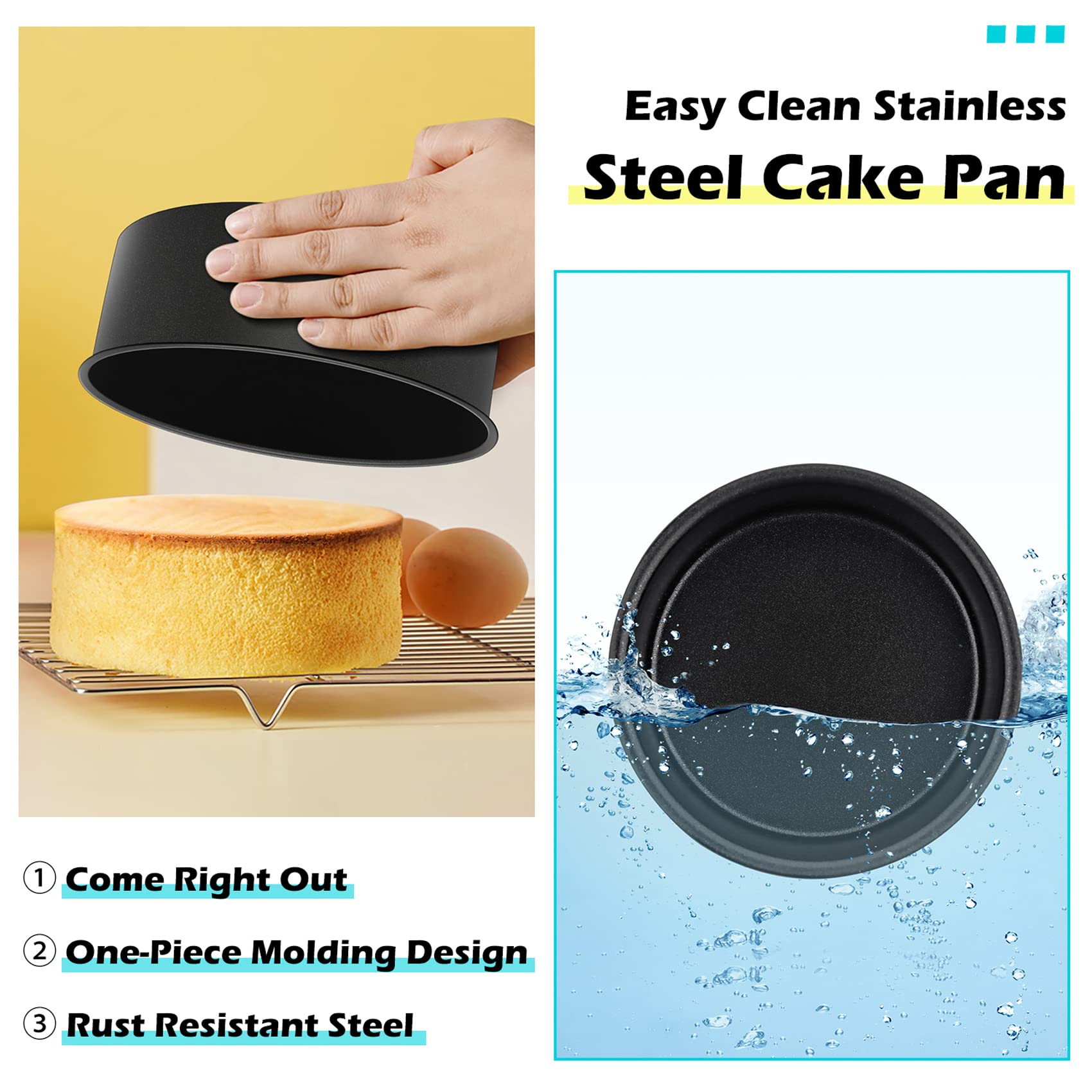 LIANYU 6 inch Cake Pans for Baking, Round Cake Pan Set of 4, Nonstick Stainless Steel Baking Tin Bakeware for Birthday Wedding Party, Non Toxic Coating, 3 Inch Deep, Black