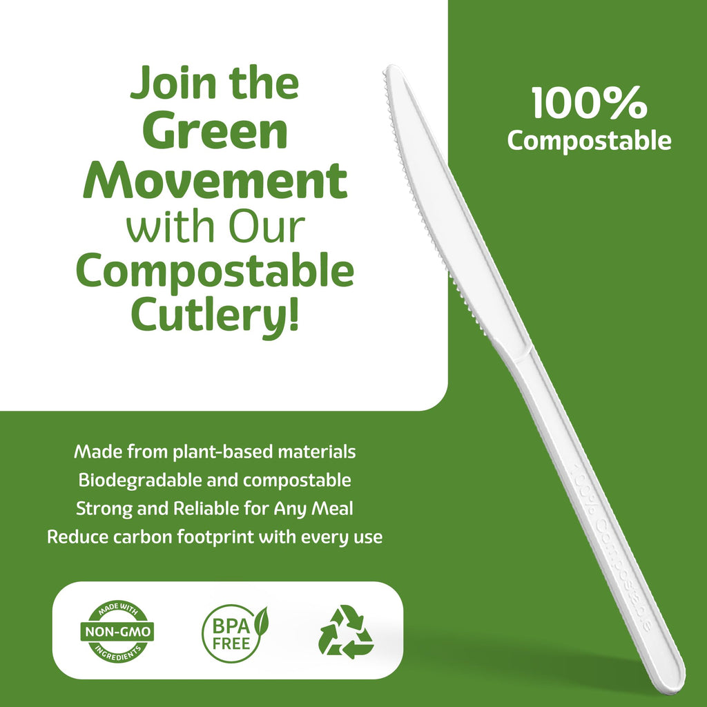 Elegant Disposables 100% Compostable PLA Knives Bulk Pack 400 Pcs Biodegradable Disposable Plastic Cutlery Utensils