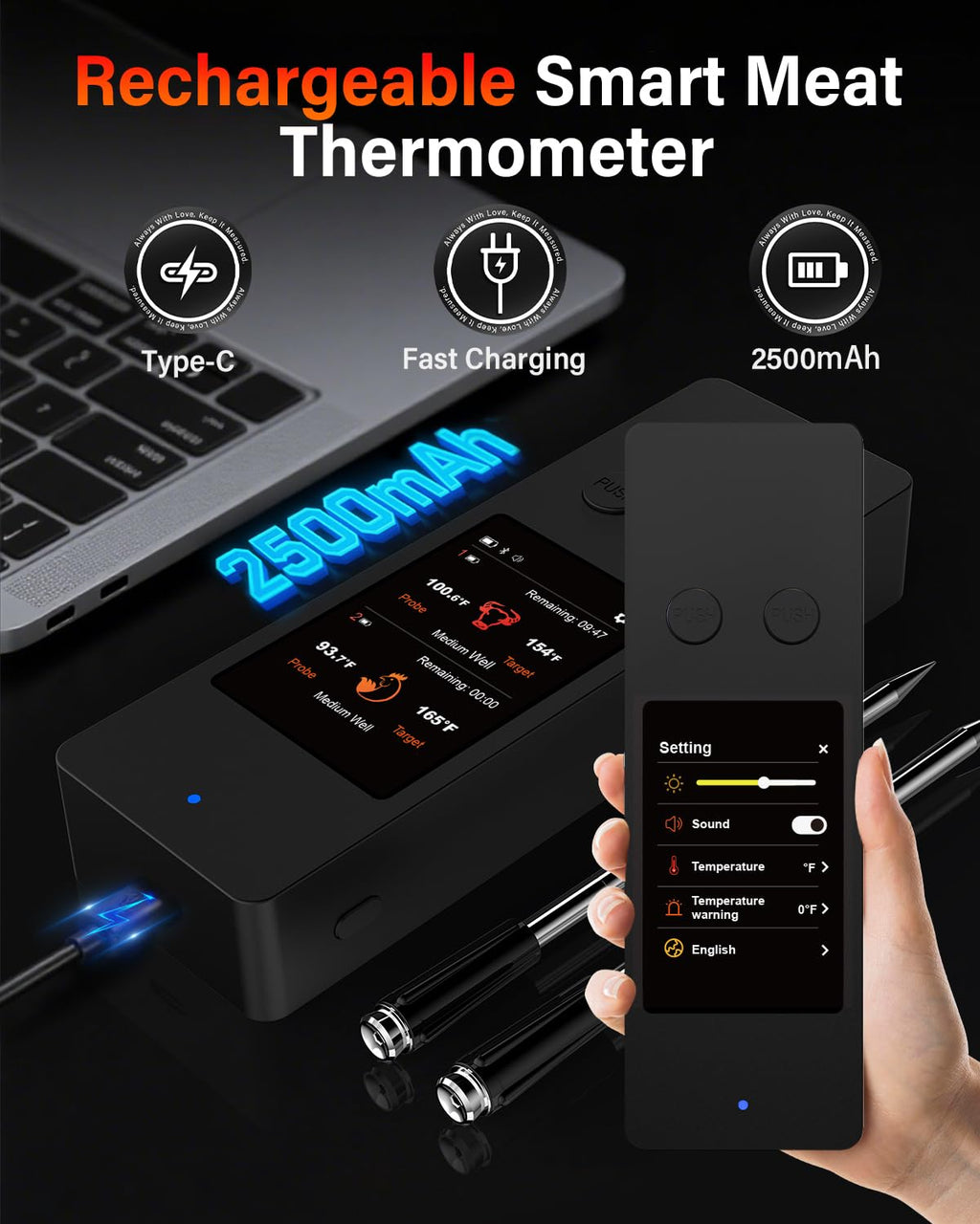 AWLKIM Wireless Meat Thermometer with Touchscreen Base, No Phone Needed — 2 Probes, 8 Sensors, Bluetooth 5.3, Rechargeable for Grill, BBQ, Smoker & Oven