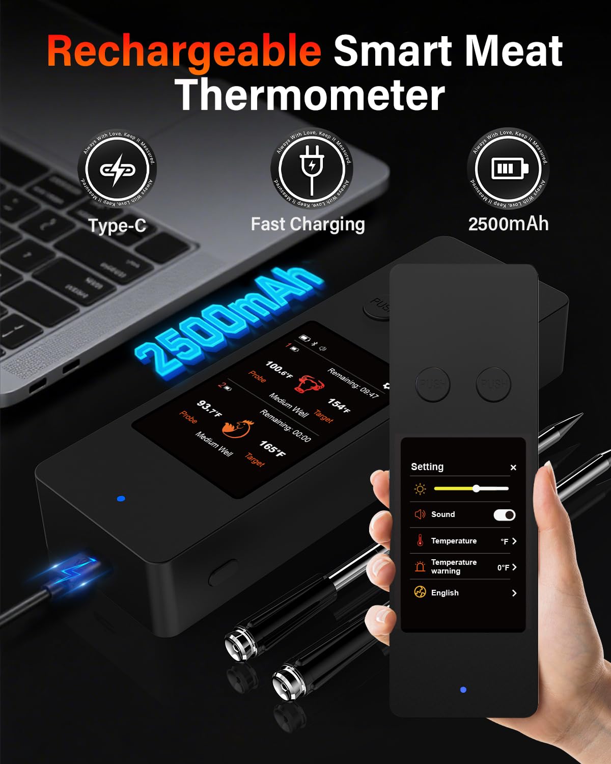 AWLKIM Wireless Meat Thermometer with Touchscreen Base, No Phone Needed — 2 Probes, 8 Sensors, Bluetooth 5.3, Rechargeable for Grill, BBQ, Smoker & Oven