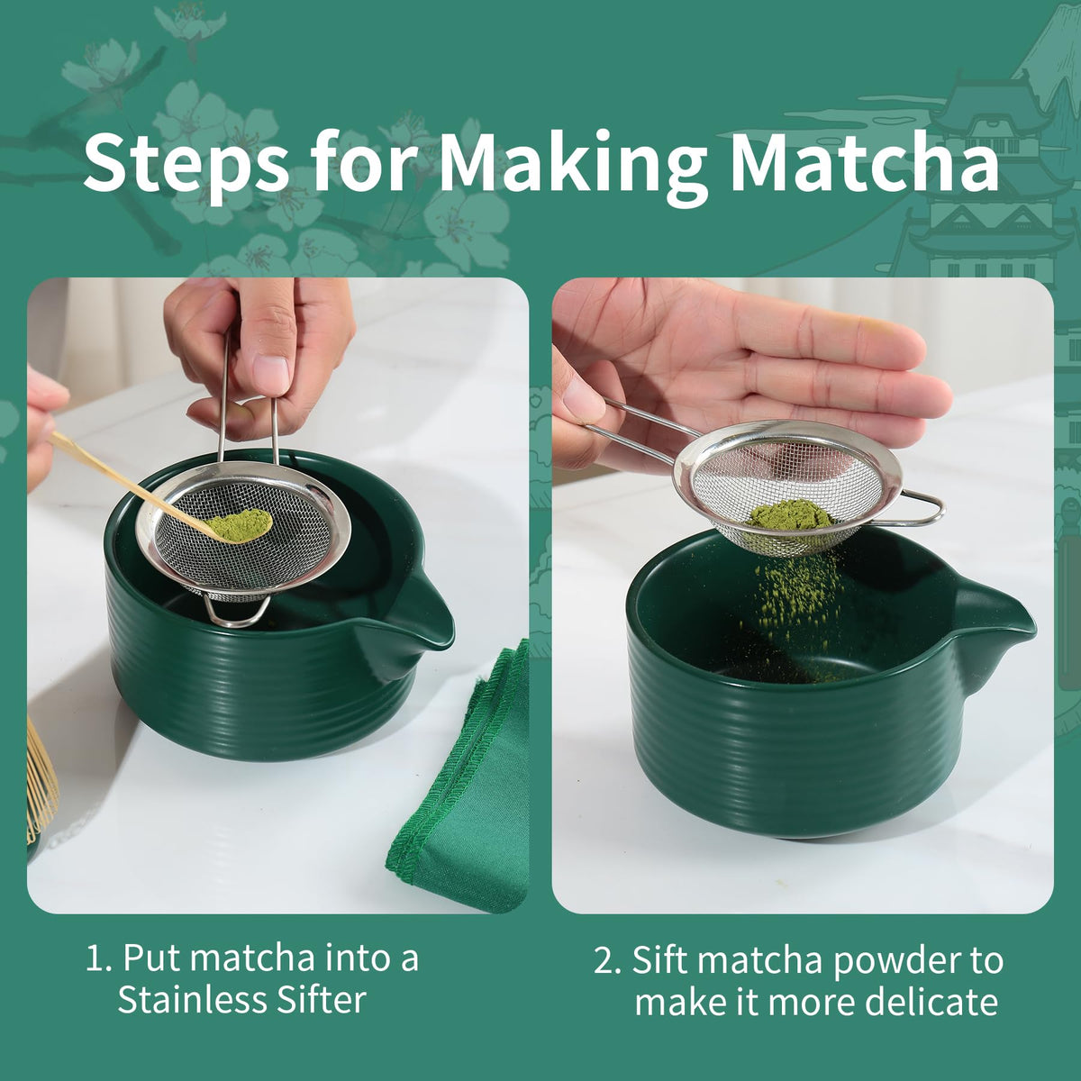 Dark Green Matcha Set,Matcha Whisk Set with Holder, Stainless Sifter & Scoop, Tea Towel,Traditional matcha making set,green tea ceremony,7Pcs