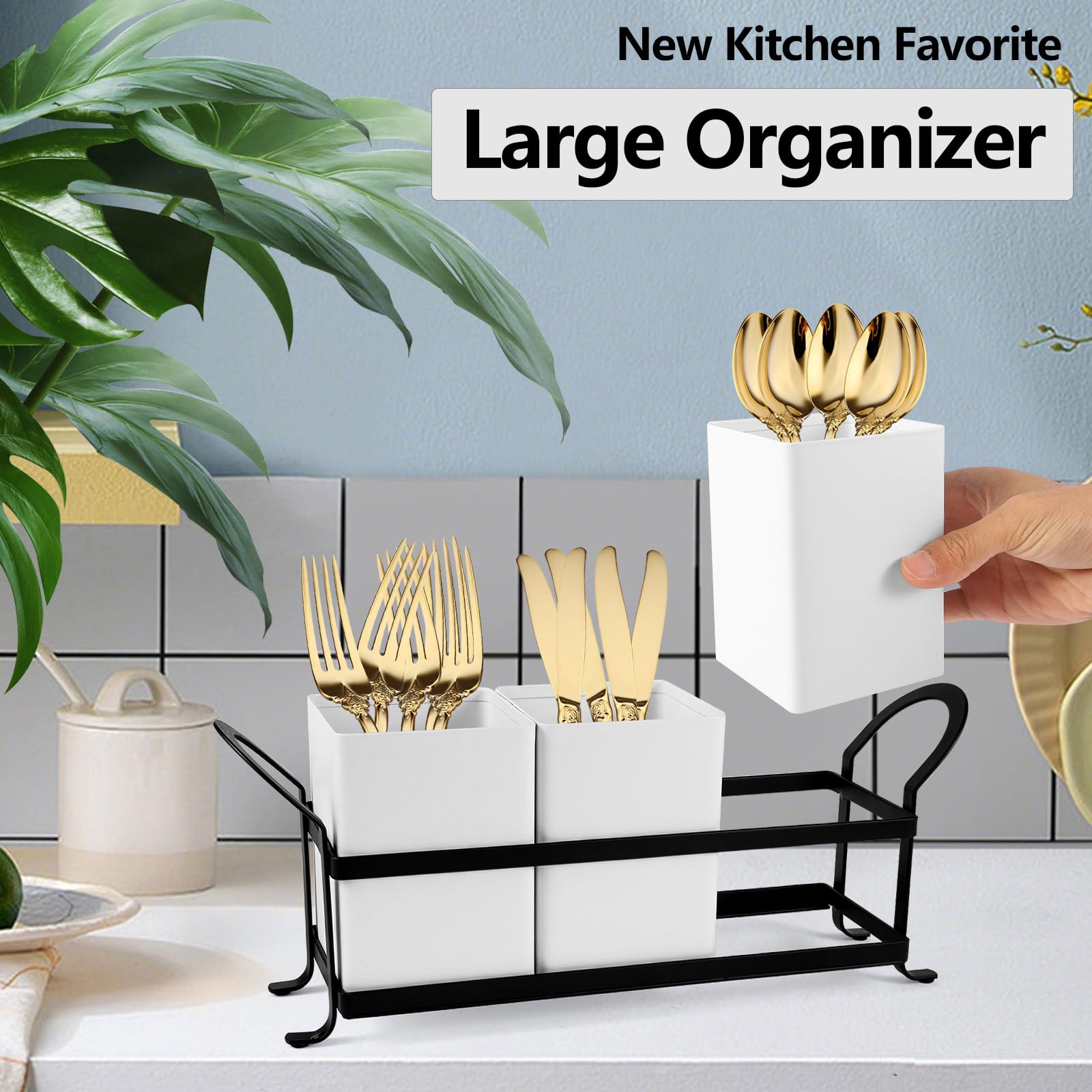 NelyBet Utensil Holder Silverware Caddy for Party Countertop, 3pcs Bins Set Silverware Caddy Organizer Holders for Spoon and Fork, White and Black