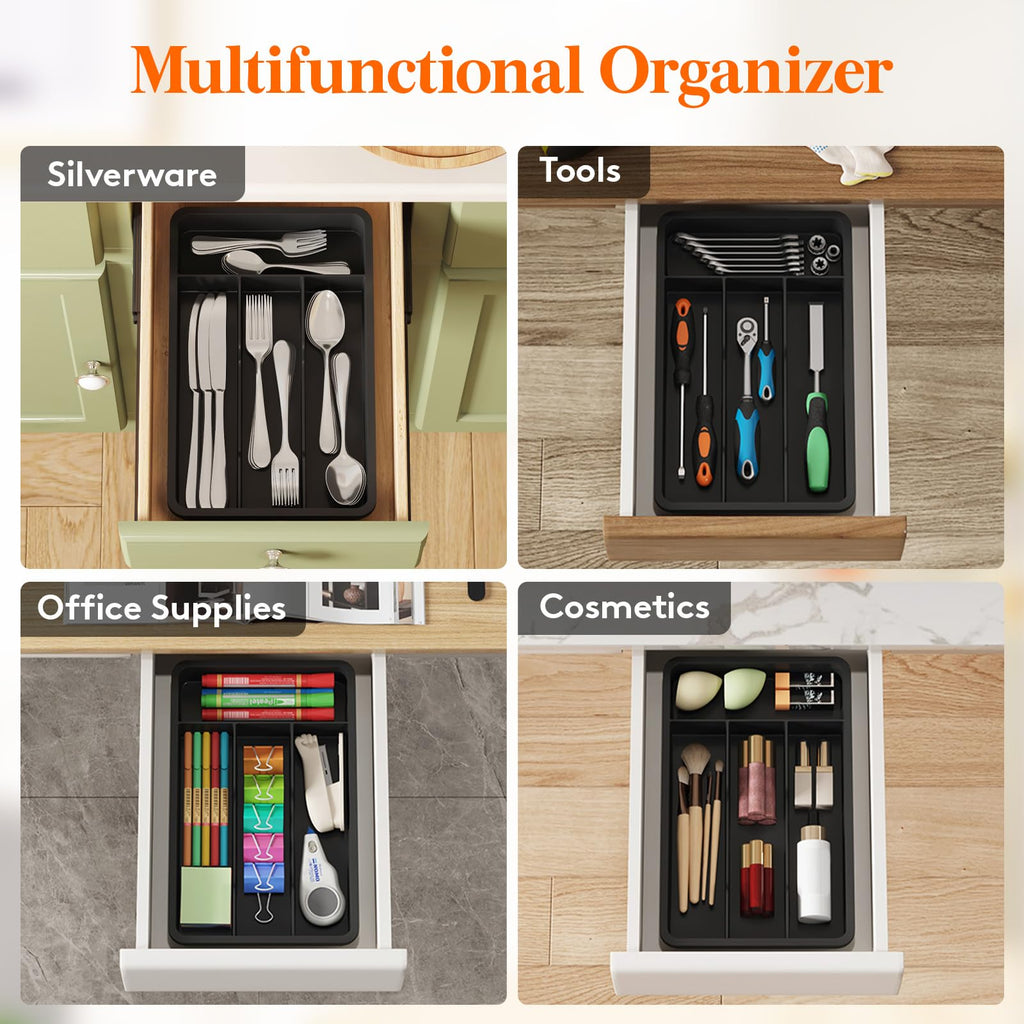 Lifewit Silverware Drawer Organizer Tray, Plastic Cutlery Storage for Kitchen, Flatware and Utensil Holder Divider for Spoons Forks Knives Tableware, 7.8 x 12.4", 4 Slots, Black
