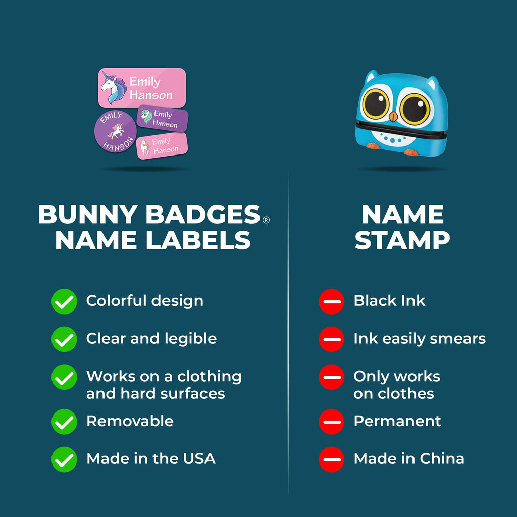 Bunny Badges Personalized Daycare Name Labels for Kids (130 Labels) - Custom Waterproof Name Stickers for Clothing Tags, Water Bottles, Lunch Boxes and School Supplies (Dinosaurs)
