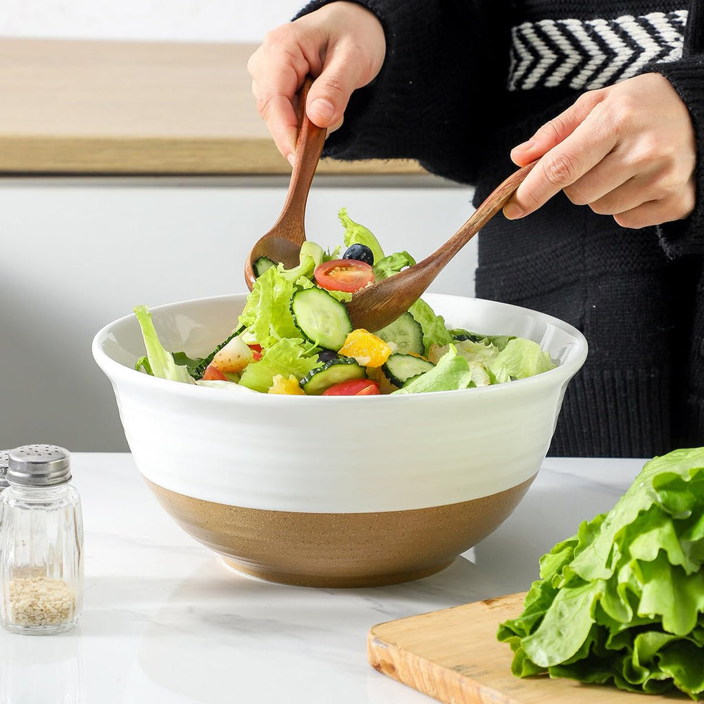 HASENSE Large Ceramic Serving Bowls Set of 2, 84 Oz 9 Inch White & Terracotta Stoneware Mixing Bowls, Farmhouse Bowls for Salad, Baking, Popcorn & Side Dishes, Dishwasher & Microwave Safe