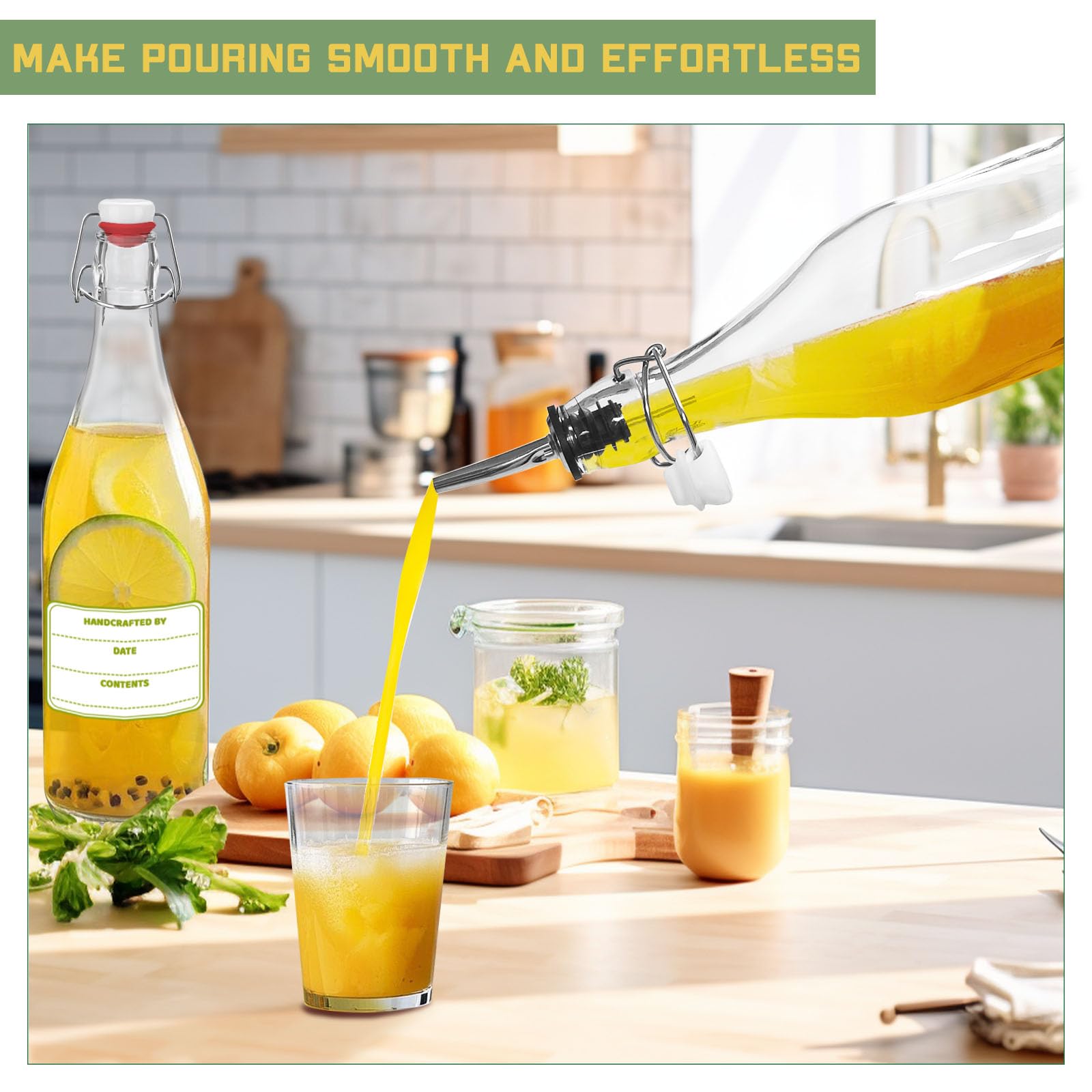 6 Pack [1 Liter / 33 fl. oz.] Swing Top Glass Bottles – Airtight Flip Top Brewing Bottles for Kombucha, Beer, Wine, Kefir, Soda, Liquor – Includes Funnel, 2 Pourers, 6 Seals, 8 Labels & Jute Twine