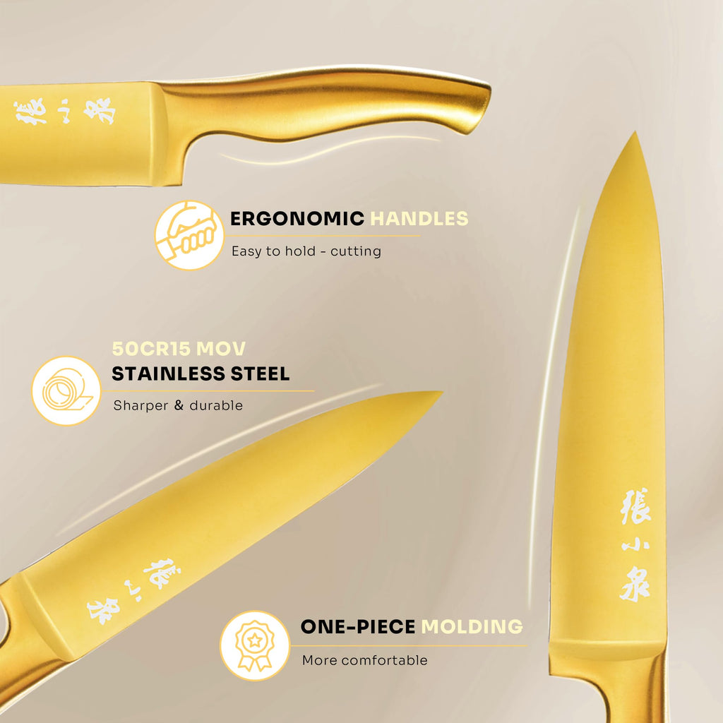 ZHANG XIAO QUAN Gold Knife Set with White Block, High Carbon Stainless Steel Sharp Blades, Built-in Sharpener Kitchen Knife Block Set for Home Cooking