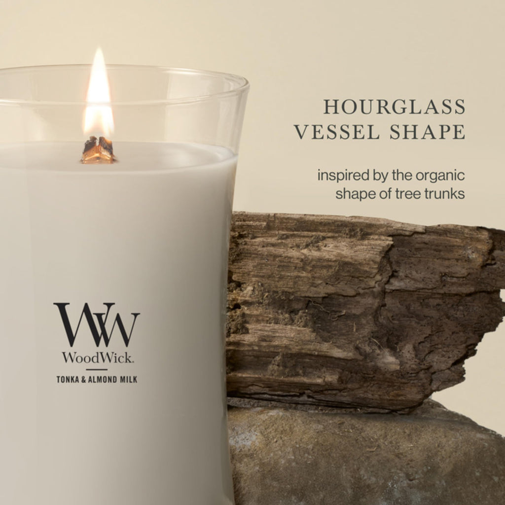 WoodWick Tonka & Almond Milk Gifts for Women and Men, 21.5 oz Large Hourglass Candle with Crackling Wick