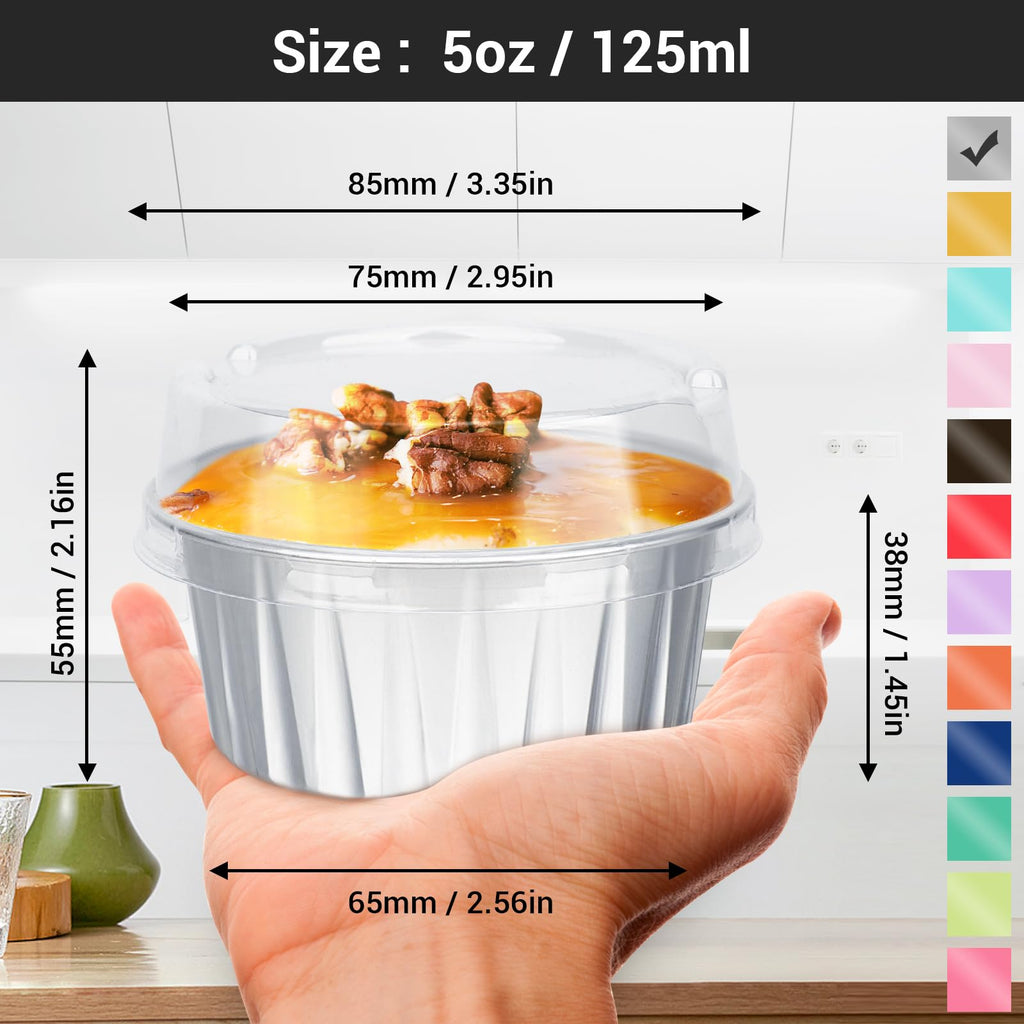 EUSOAR Muffin Cupcake Liners for Baking, 50pcs 5oz 125ml Disposable Ramekins, Aluminum Foil Muffin Liners Cups with Lids, Disposable Aluminum Foil Cupcake Baking Cups Holders Cases Boxes Pans with Lid