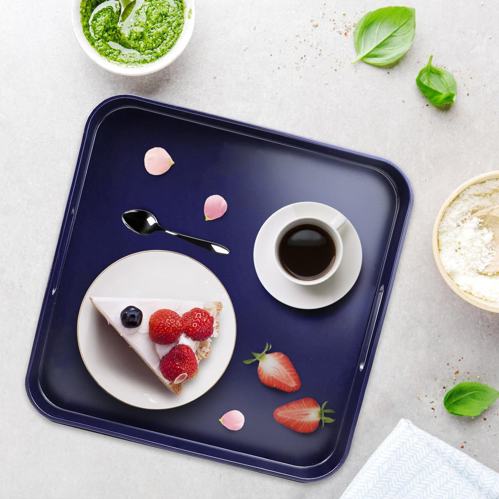 SforGUVA Square Navy Blue Decorative Serving Tray with Handles, Versatile Ottoman Tray for Coffee Table, Entertaining, Outdoor Patio, Living Room, 13”*13”*1.6”