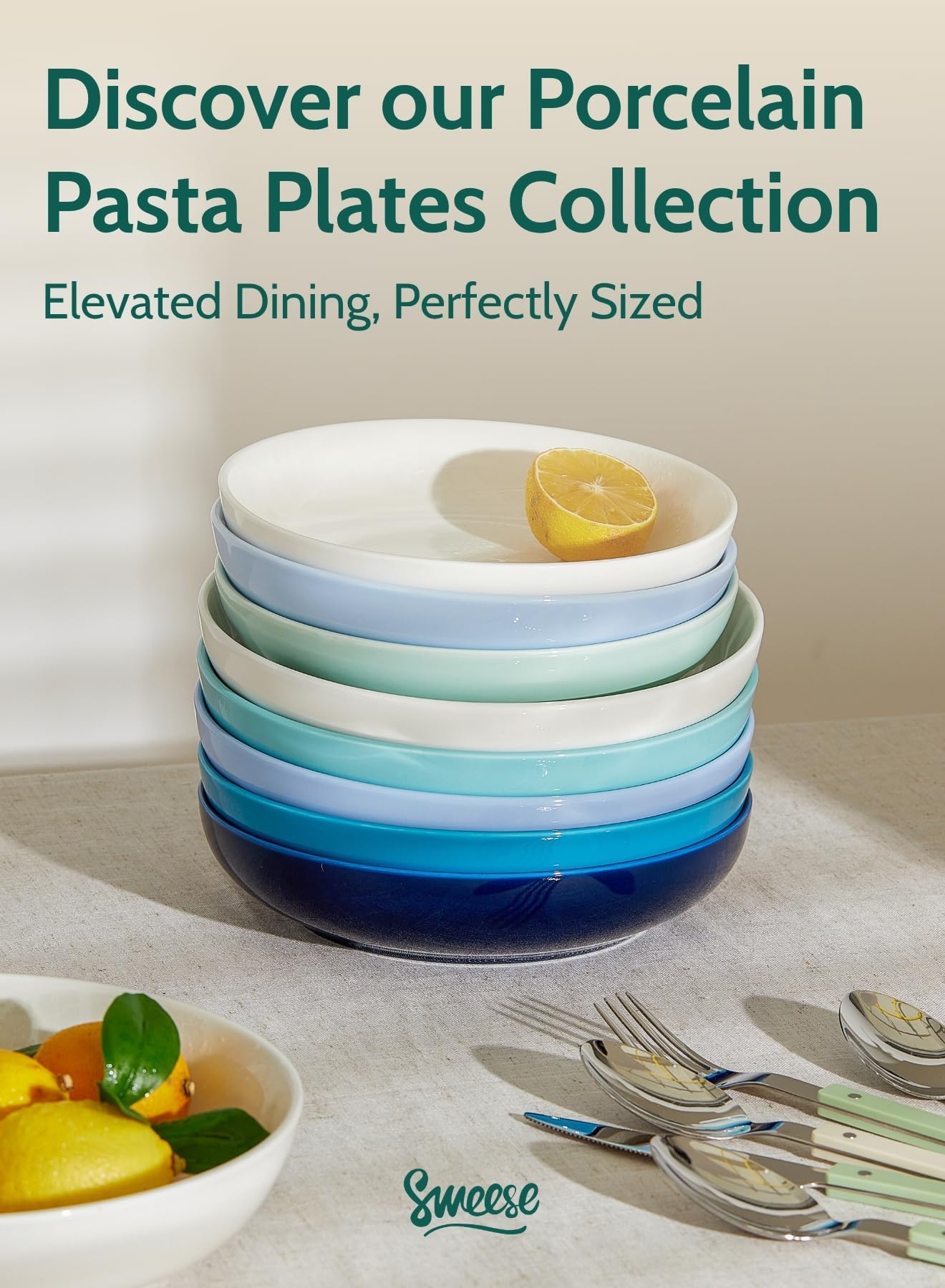 Sweese Pasta Bowls, 22 Ounce Salad Serving Bowls Set of 6, 7.6 Inch Porcelain Plates for Serving Dinner, Salad - Microwave Dishwasher Safe, Cool Assorted Colors