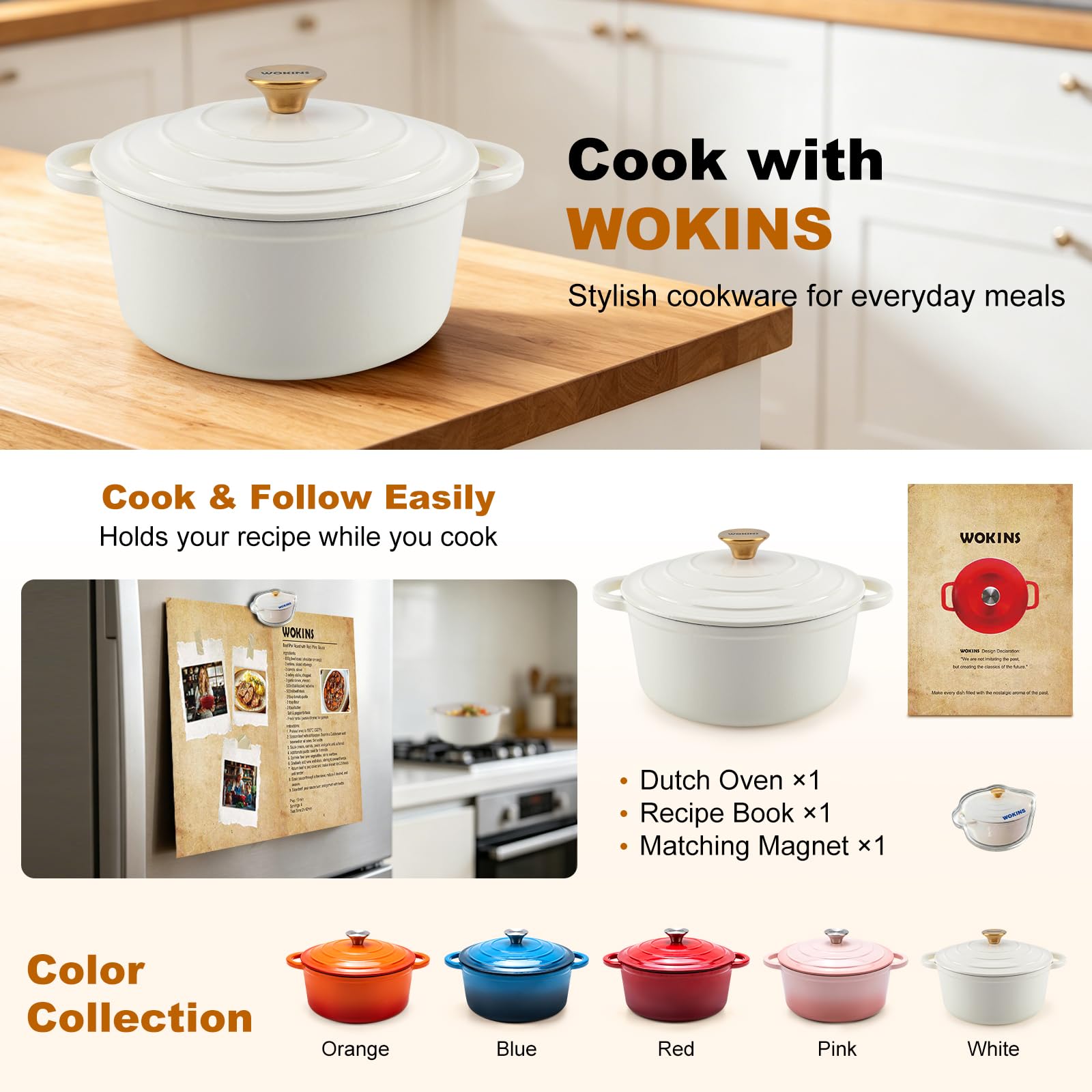 WOKINS 4-QT Enameled Cast Iron Round Dutch Oven With Lid,Oven safe,Cream