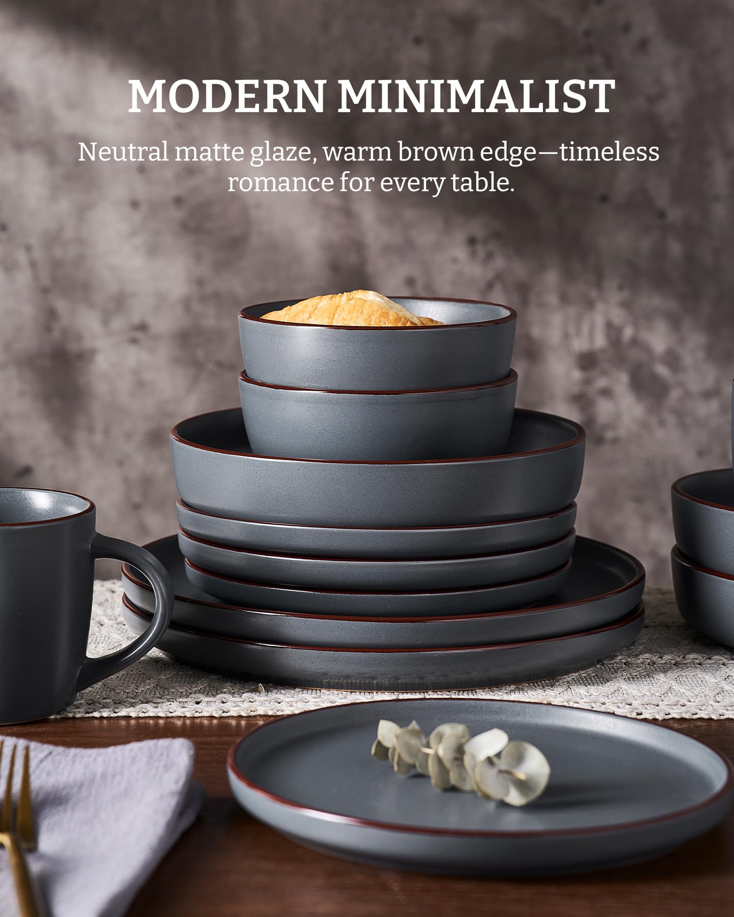 Famiware Mercury 24-Piece Stoneware Dinnerware Set, Charcoal