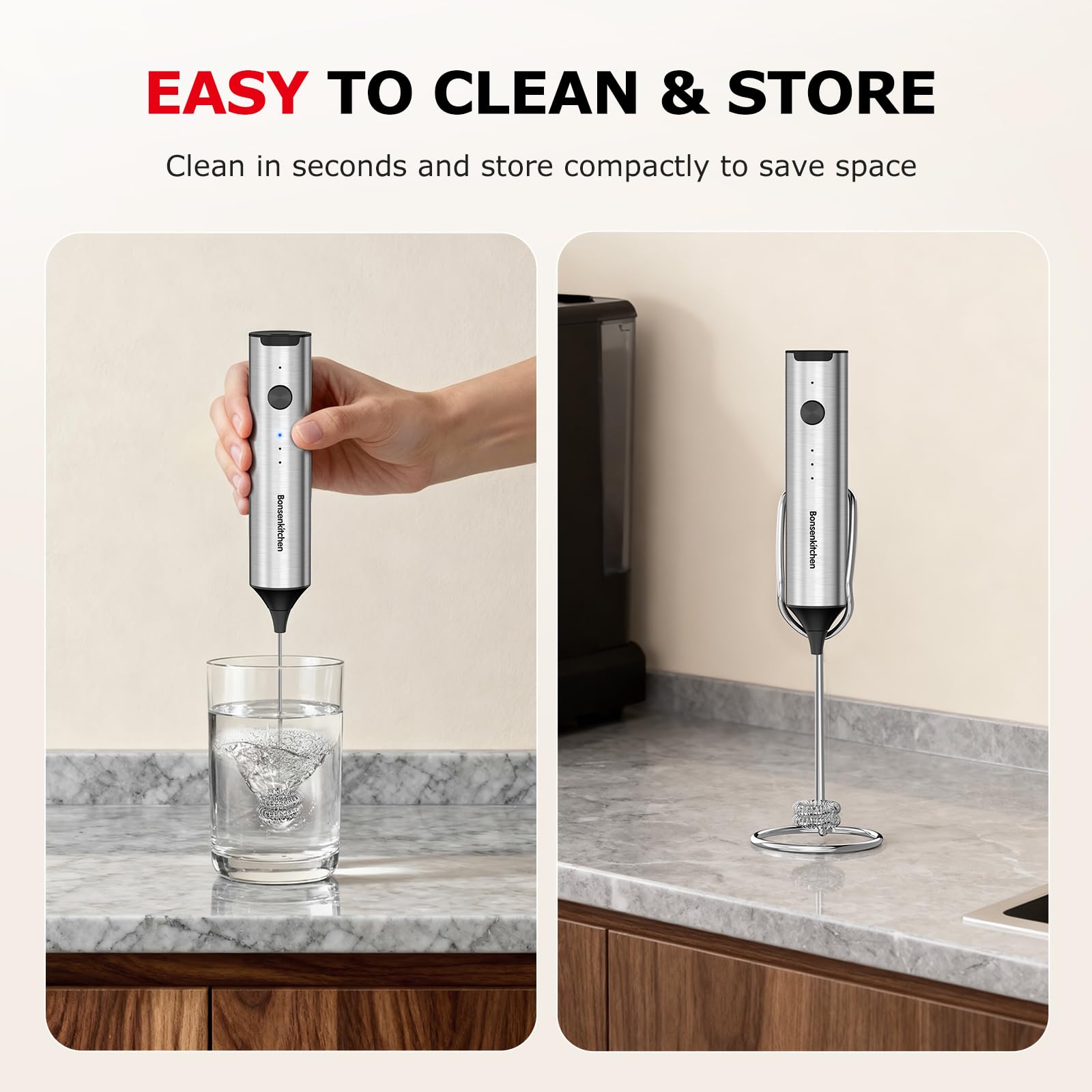 Bonsenkitchen Rechargeable Milk Frother with Stand, 3-Speed Handheld Coffee