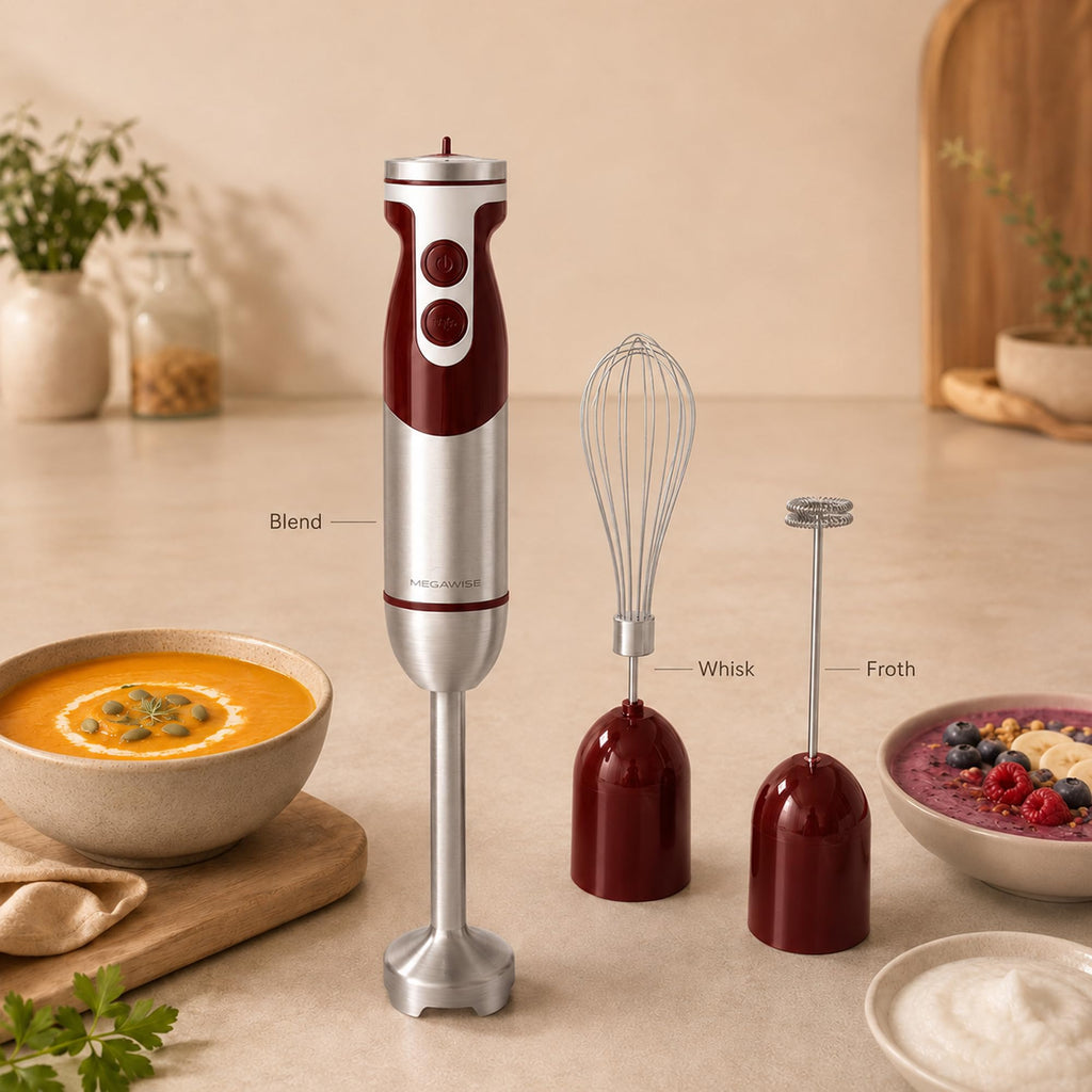 MegaWise 3-in-1 Hand Blender Set with Variable Speed Control, 400W Immersion Blender - Includes Whisk, Milk Frother, Chopper, and Beaker for Smoothies, Soups, and Baby Food (RED)