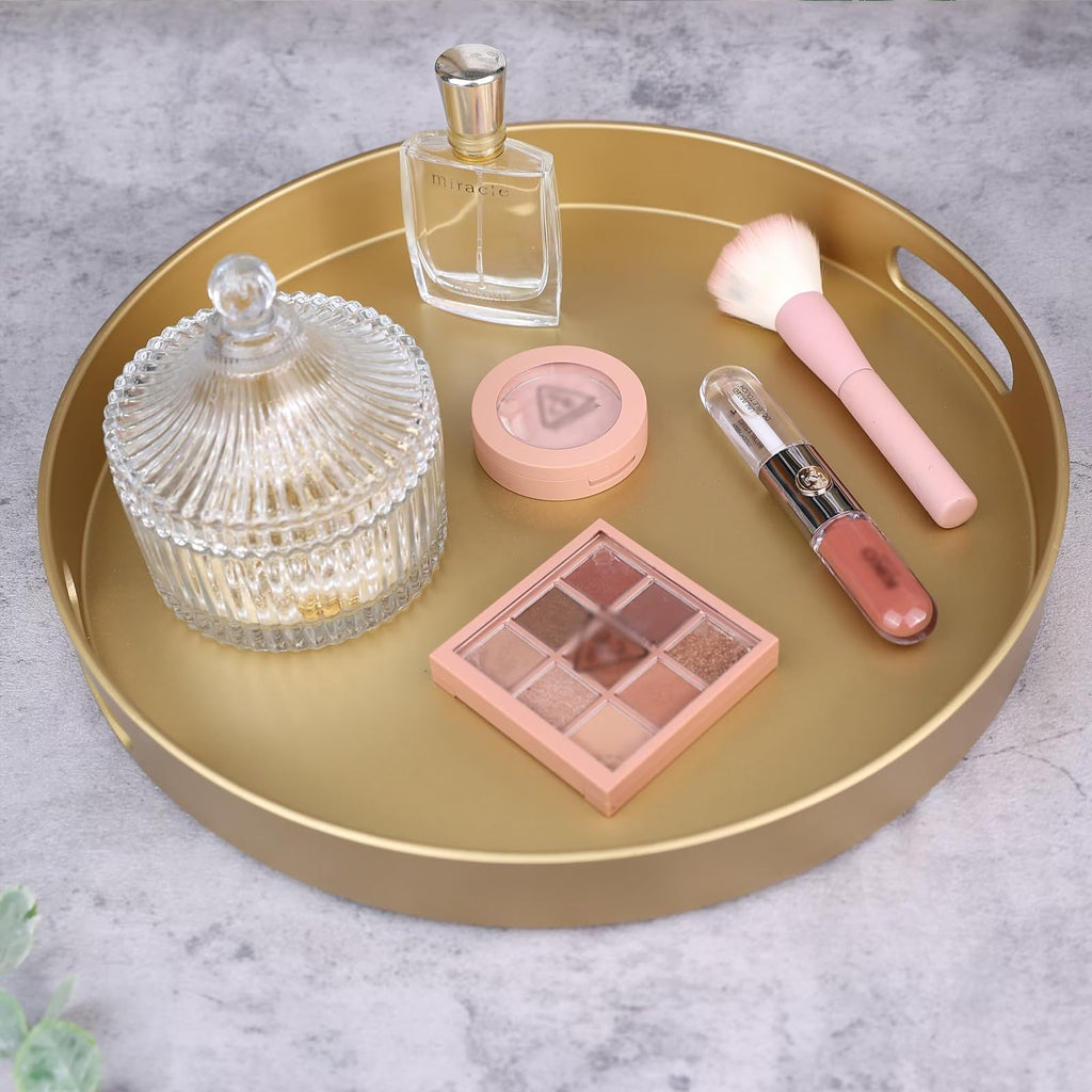 SforGUVA Round Gold Decorative Serving Tray with Handles, 13” Versatile Ottoman Tray for Coffee Table, Entertaining, Outdoor Patio, Living Room