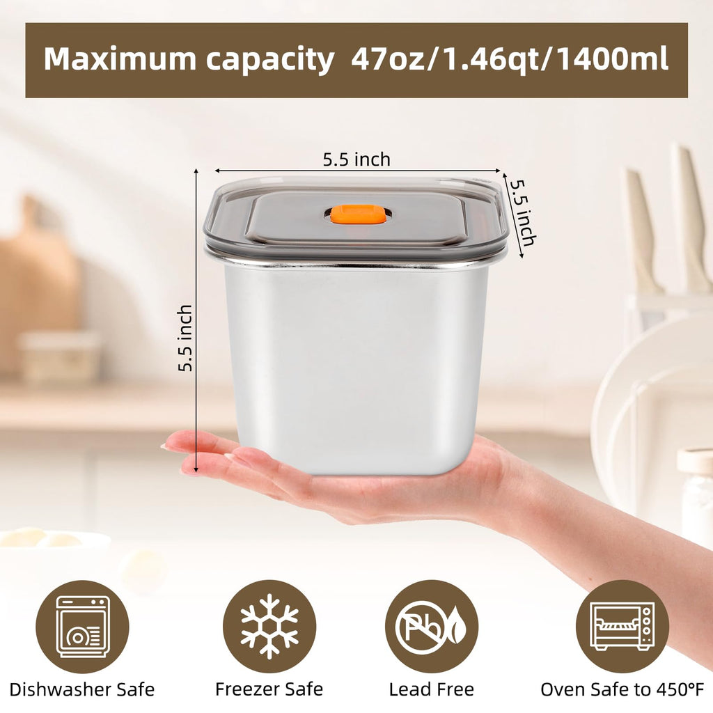 fecoqi 2 PCS Stainless Steel Food Storage Containers(47oz) with Lids Leak Proof & Airtight | Square Stainless steel freezer Containers,For Meal Prep,Fruit,Snack,Freezer