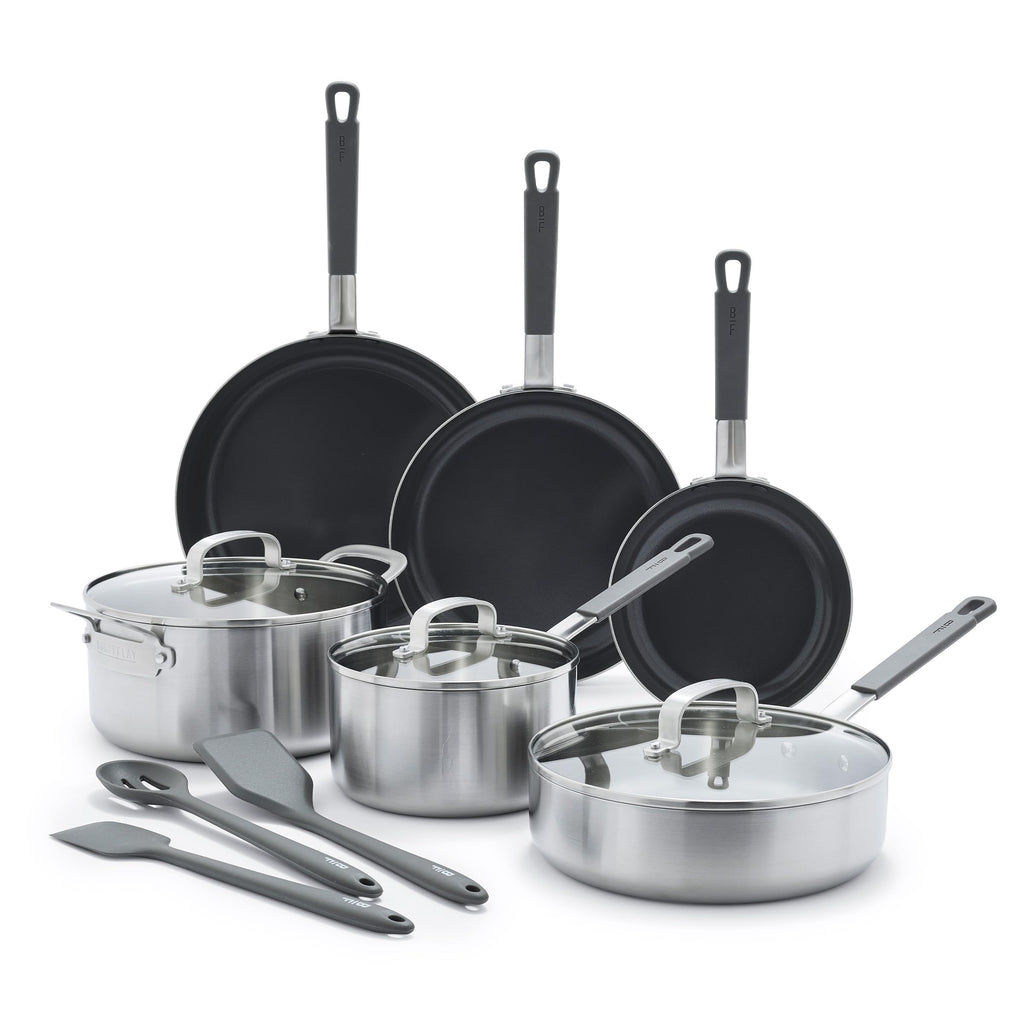 GreenPan x Bobby Flay Stainless Steel 12 Piece Cookware Pots & Pans Set, Professional Grade Tri-Ply, Multiclad, PFAS-Free Ceramic Nonstick, Induction Suitable, Dishwasher & Oven Safe,Stay Cool Handles