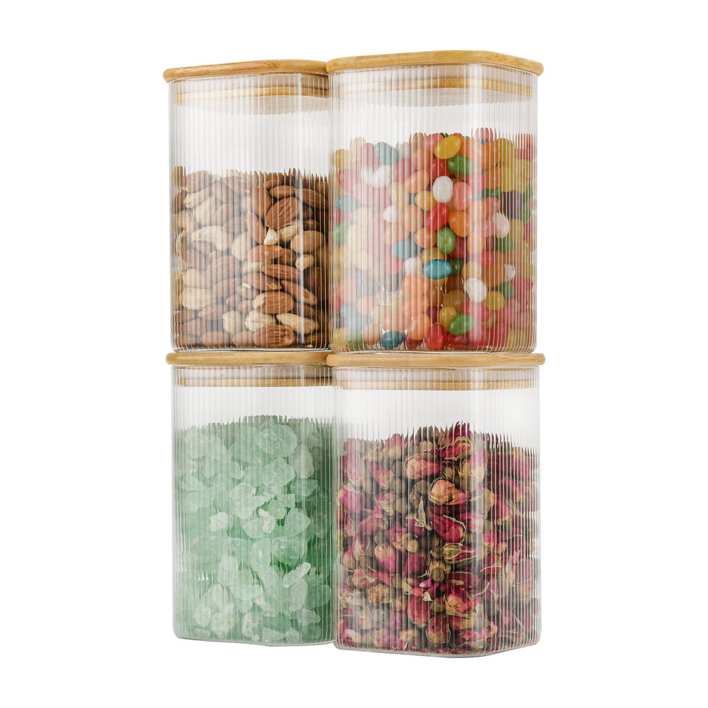 D2scrma 37oz Airtight Glass Square Storage Canisters with Bamboo Lids Set of 4 (1100ml) Striped Stackable Containers, Decorative Kitchen Jars for Tea, Nuts and Coffee (‎with Black Lable)