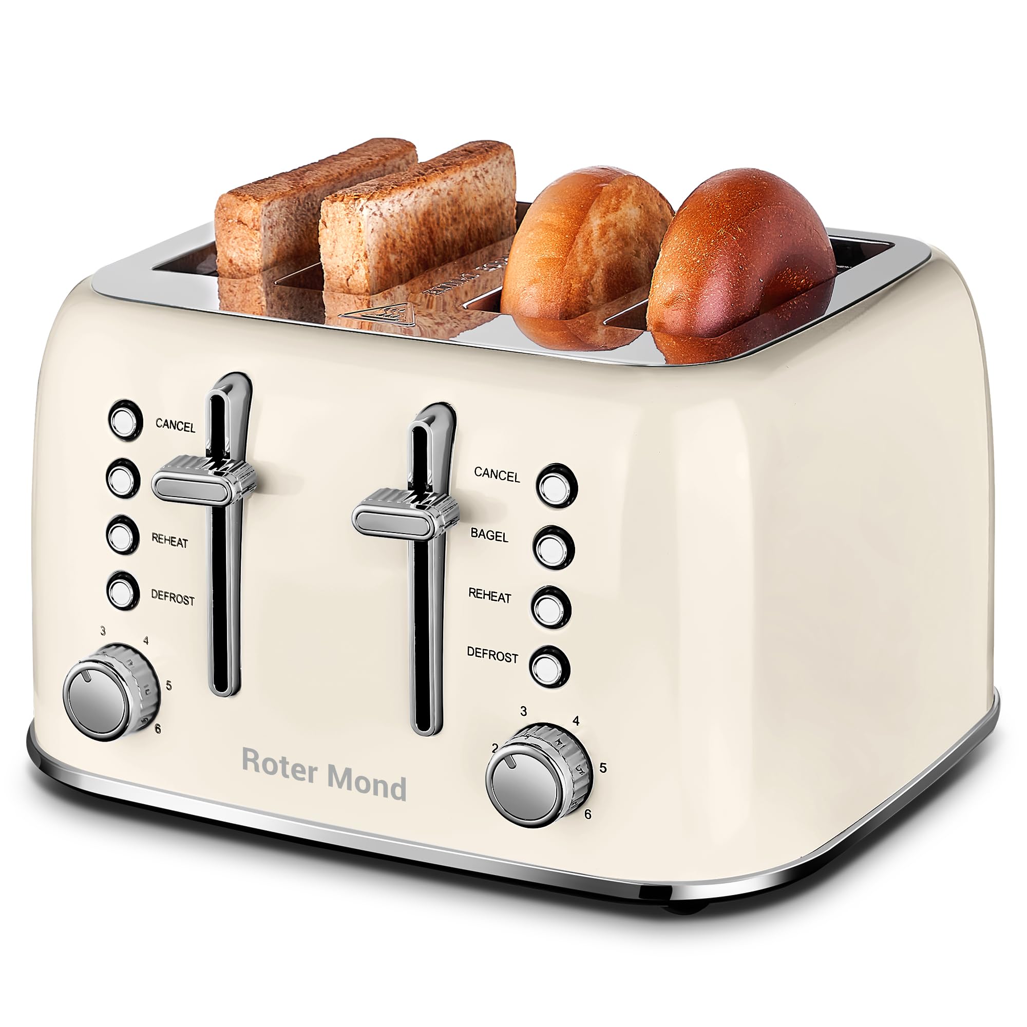 Roter Mond Toaster 4 Slice Retro Stainless Steel with Extra Wide Slots Bagel, Defrost, Reheat Function, Dual Independent Control Panel, Removable Crumb Tray, 6 Browning Levels, Cream White