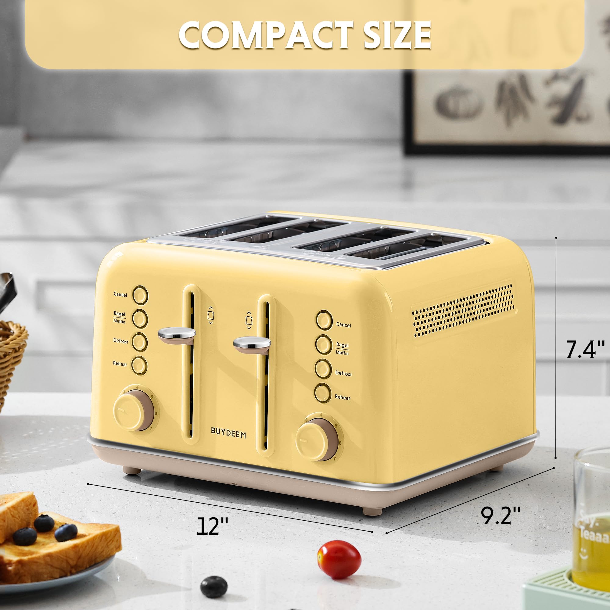 BUYDEEM DT640 4-Slice Toaster, 7 Shade Settings, Extra Wide 1.5’’ Slots for Bagel & English Muffin, 6 Toasting Functions, Retro Stainless Steel Toaster with High Lift Lever, 1800W, Yellow