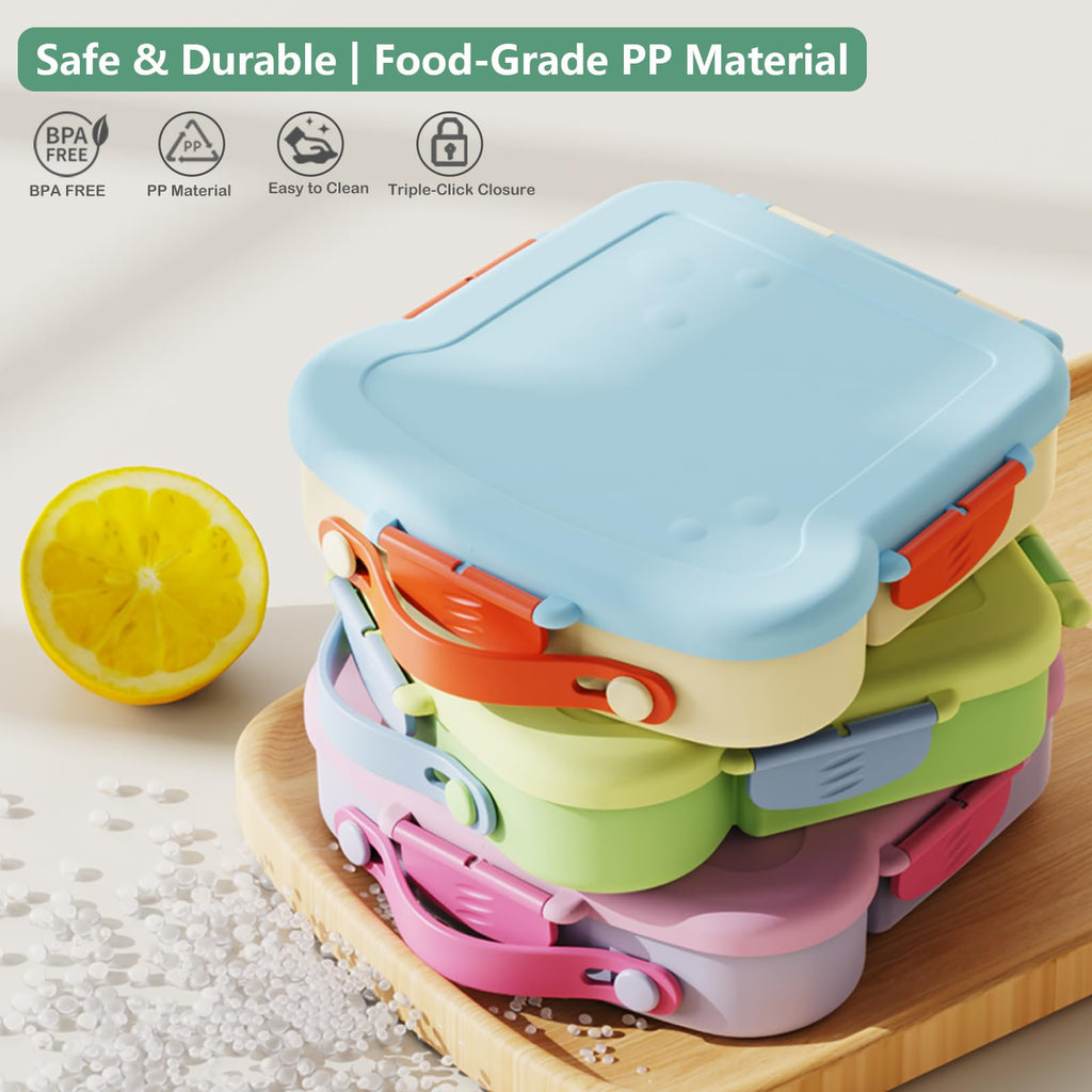 SAYAPE Kids Bento Lunch Box - Toast-Shaped 4-Compartment Lunchable Food Container with Sauce Cup, Utensils & Brush, BPA-Free, Reusable Snack Container with lid, Ideal for School & Travel - Blue