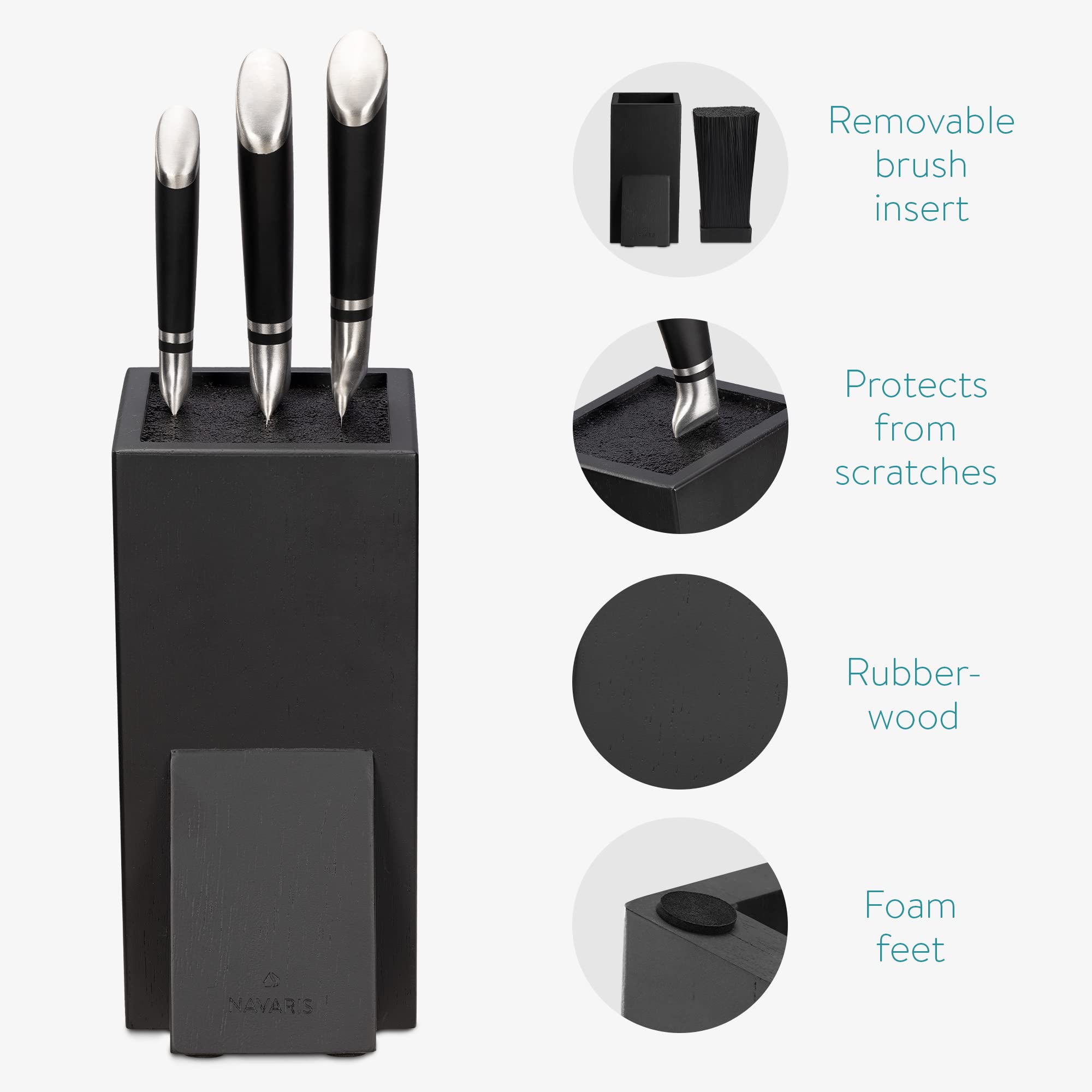 Navaris Universal Knife Block Holder - Rubber Wood Stand with Bristles to Fit Different Sizes of Knives - Angled Design, 9.8" x 5.9" x 4.1’" - Black